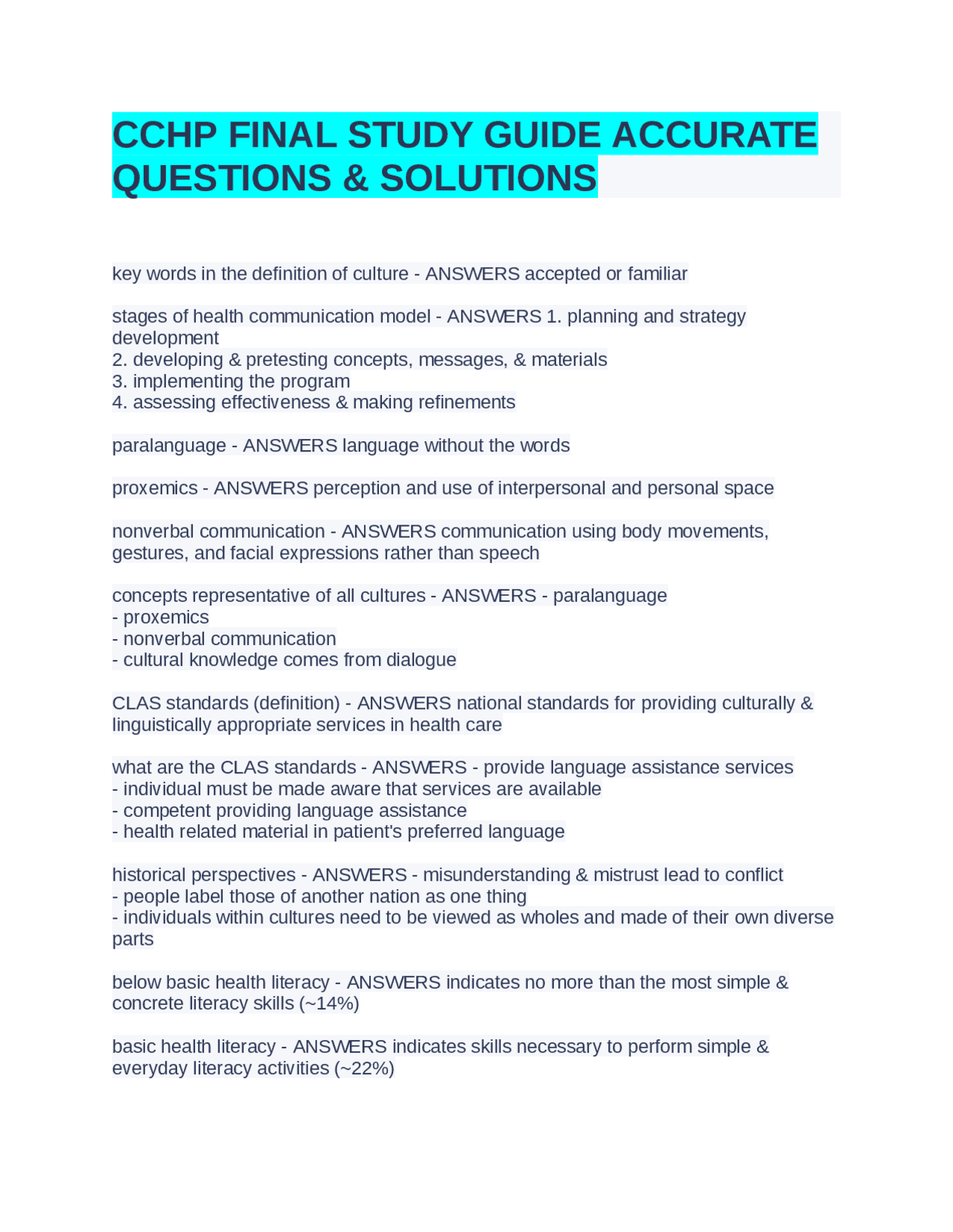CCHP FINAL STUDY GUIDE ACCURATE QUESTIONS & SOLUTIONS | Exams Nursing ...