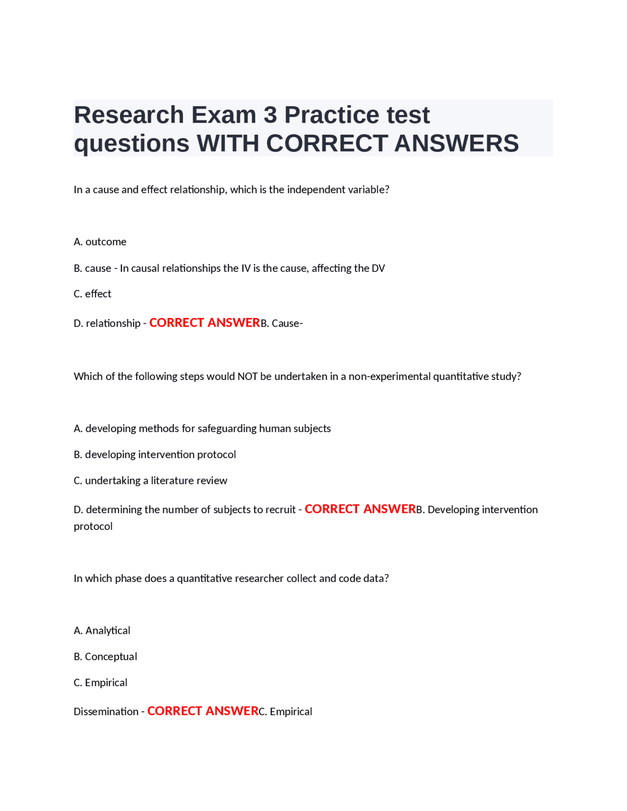 Research Exam 3 Practice test questions WITH CORRECT ANSWERS | Exams ...