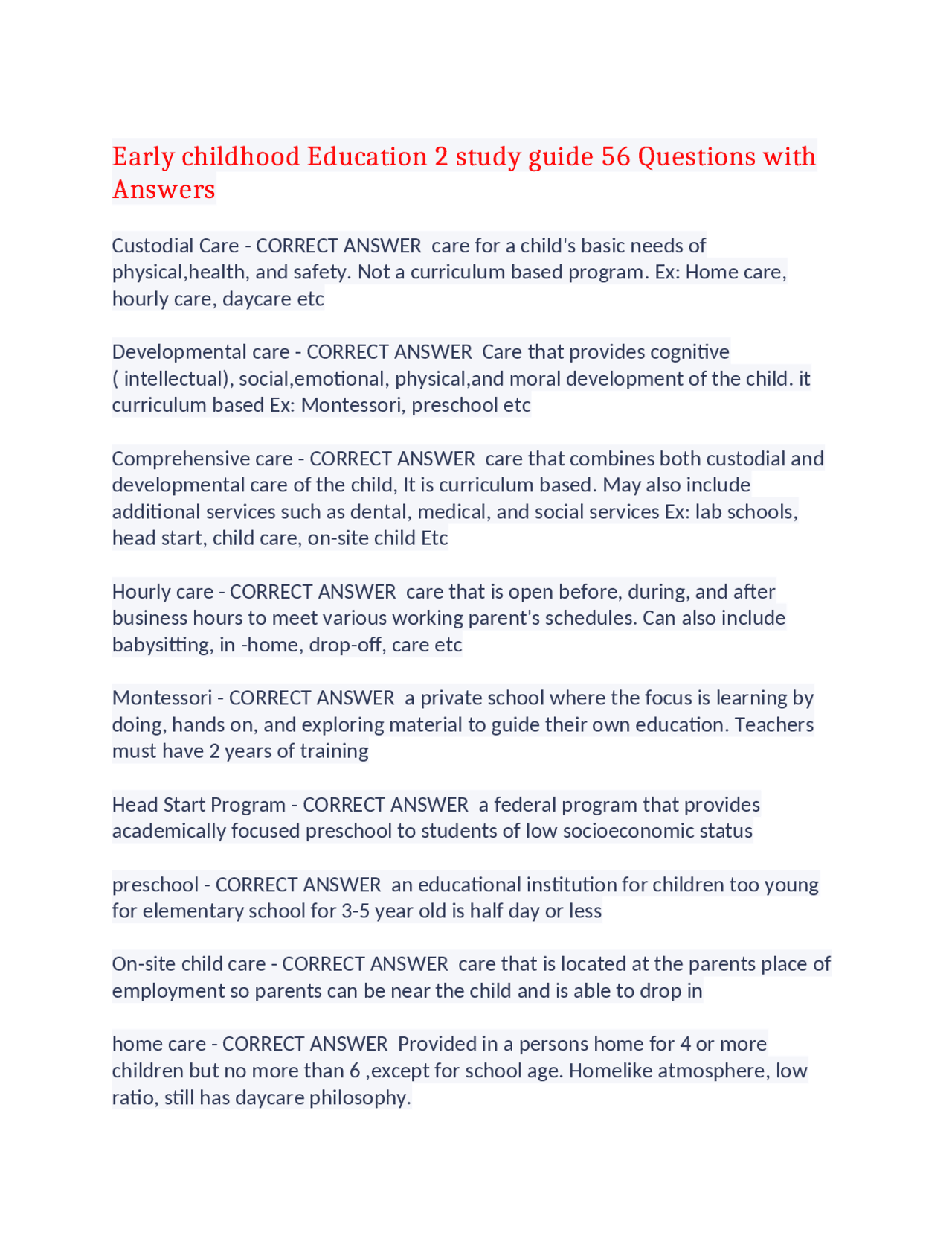 Early childhood Education 2 study guide 56 Questions with Answers,100% ...