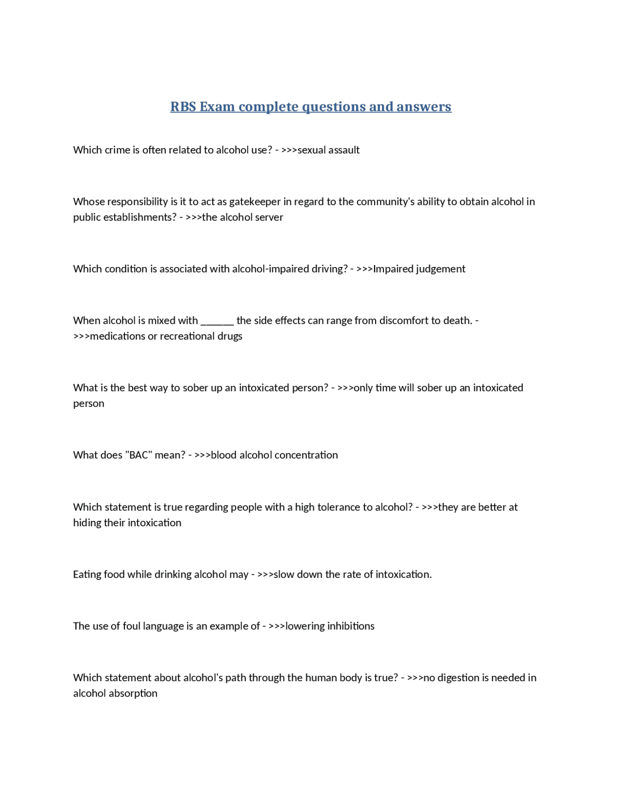 Responsible Beverage Service (RBS) Exam Questions and Answers Exams