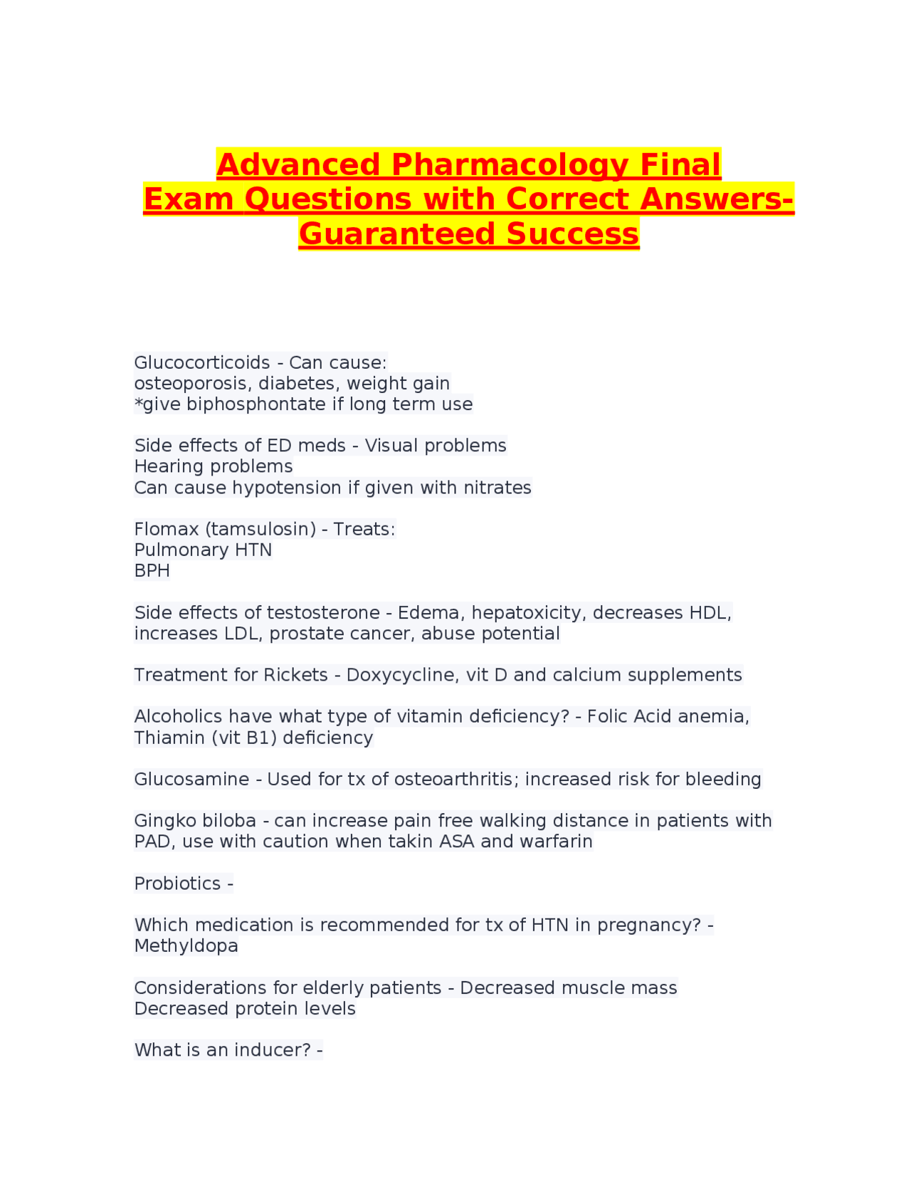 Advanced Pharmacology Final Exam Questions with Correct Answers ...
