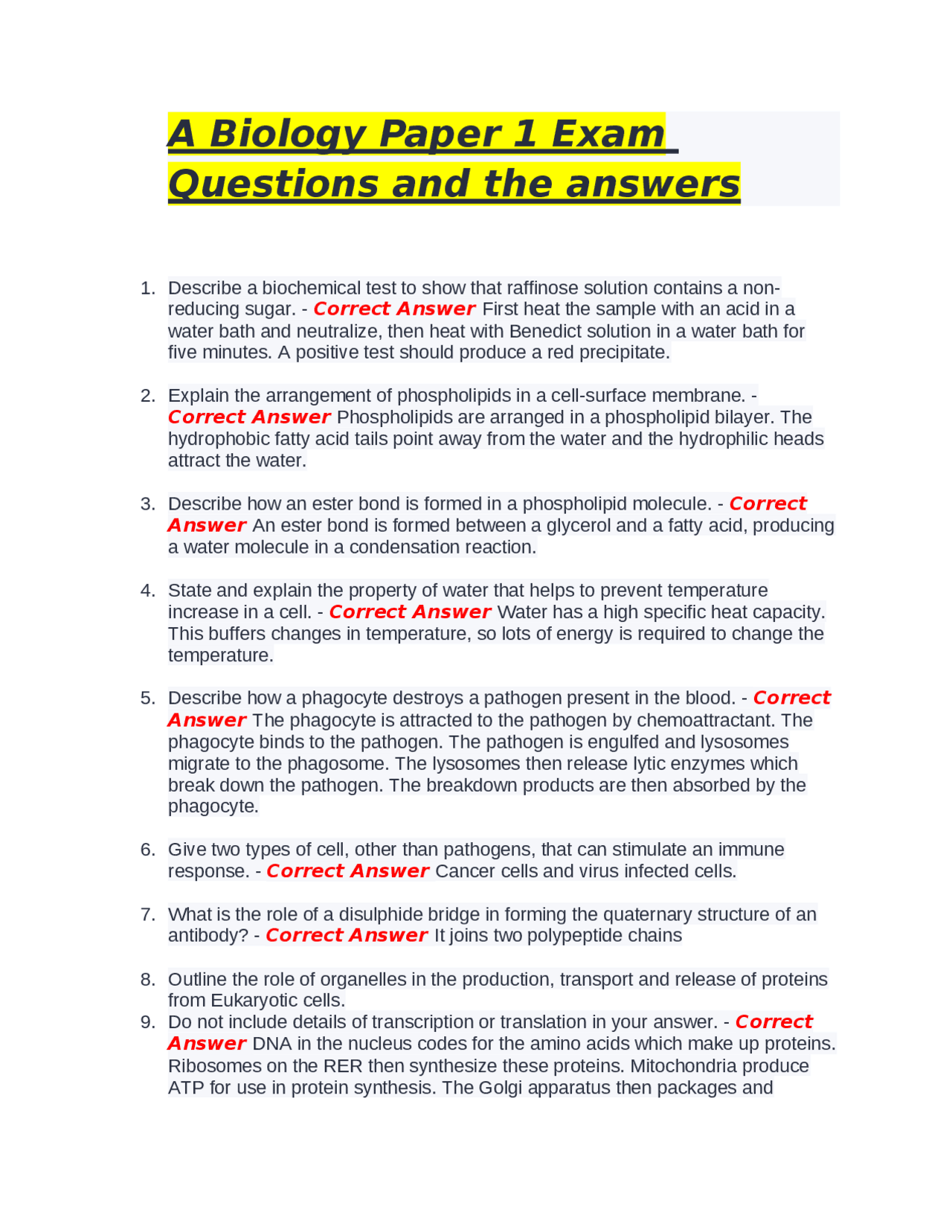 A Biology Paper 1 Exam Questions and the answers | Exams Biology | Docsity