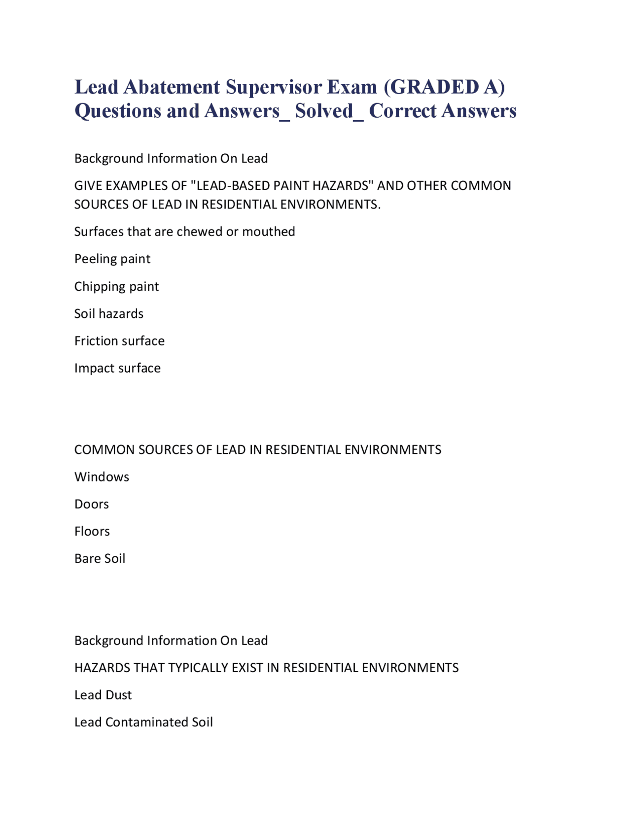Lead Hazards and Regulations in Residential Environments | Quizzes ...