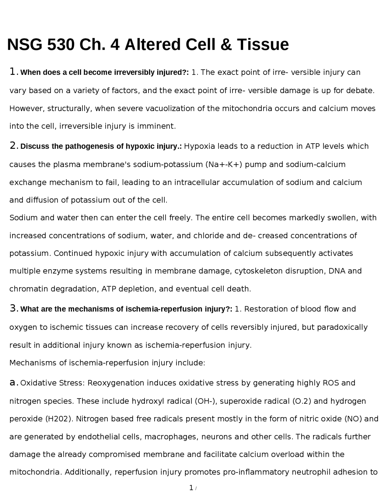 Altered Cell and Tissue Pathology | Quizzes Nursing | Docsity