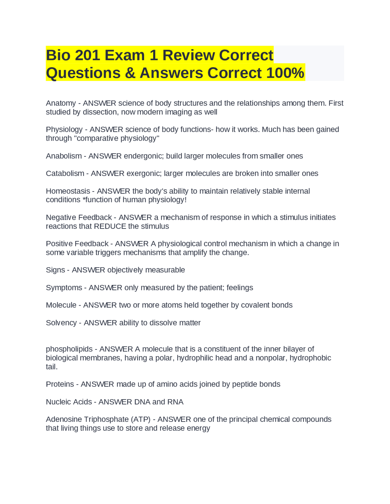 Comprehensive Review of Bio 201 Exam 1 Concepts | Exams Biology | Docsity