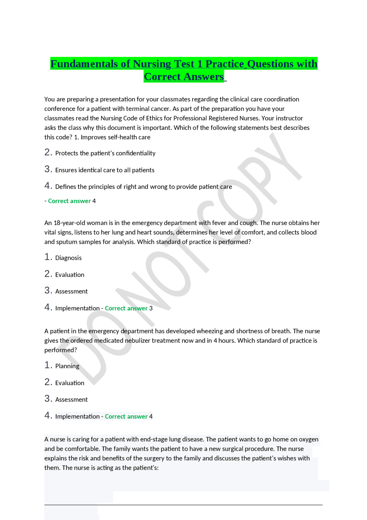Fundamentals of Nursing Test 1 Practice Questions with Correct Answers ...