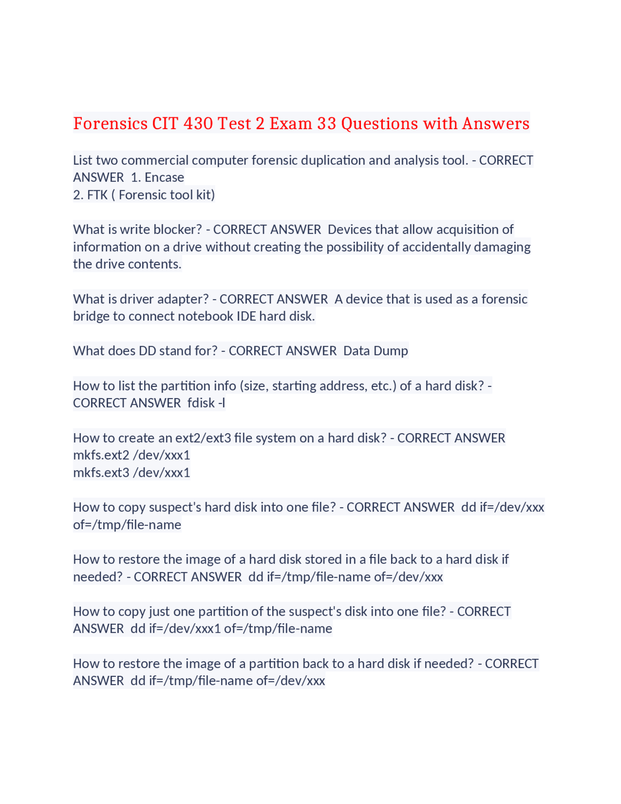 Computer Forensics Exam Questions and Answers | Exams Information and  Communications Technology (ICT) | Docsity