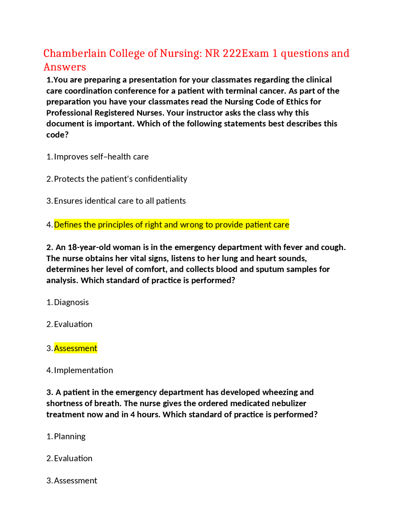 Chamberlain College of Nursing: NR 222 Exam 1 Questions and Answers ...