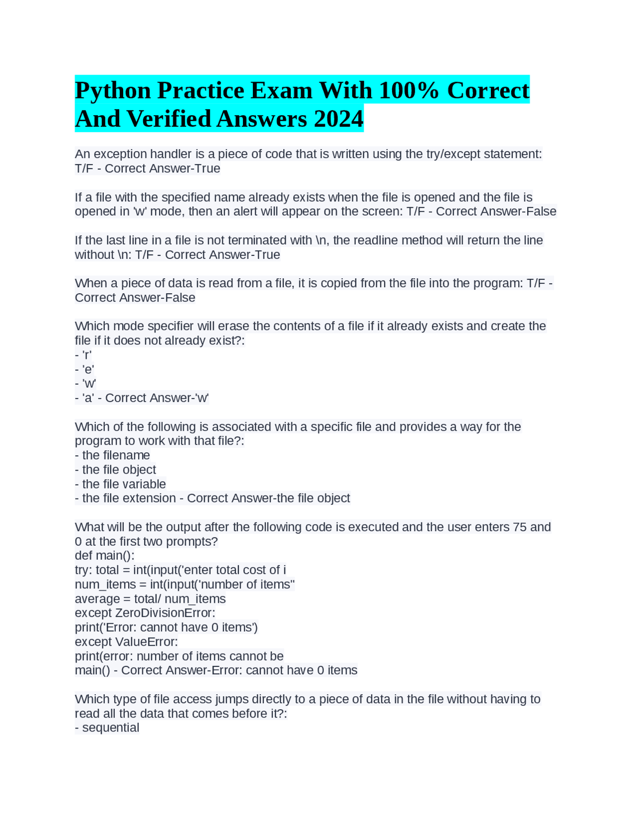 Nactect Exam Python Python Practice Exam With 100% Correct And Verified Answers 2024 ...
