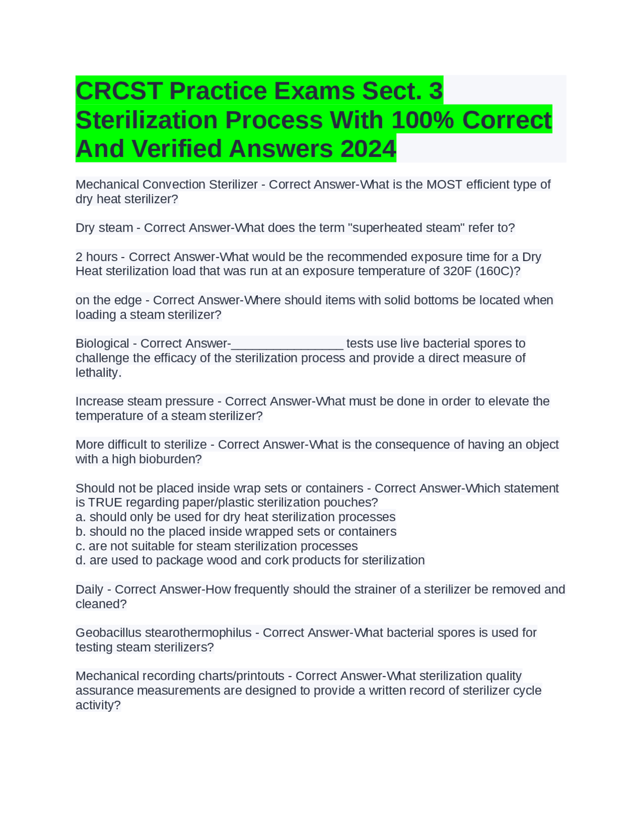 CRCST Practice Exams Sect. 3 Sterilization Process With 100% Correct ...
