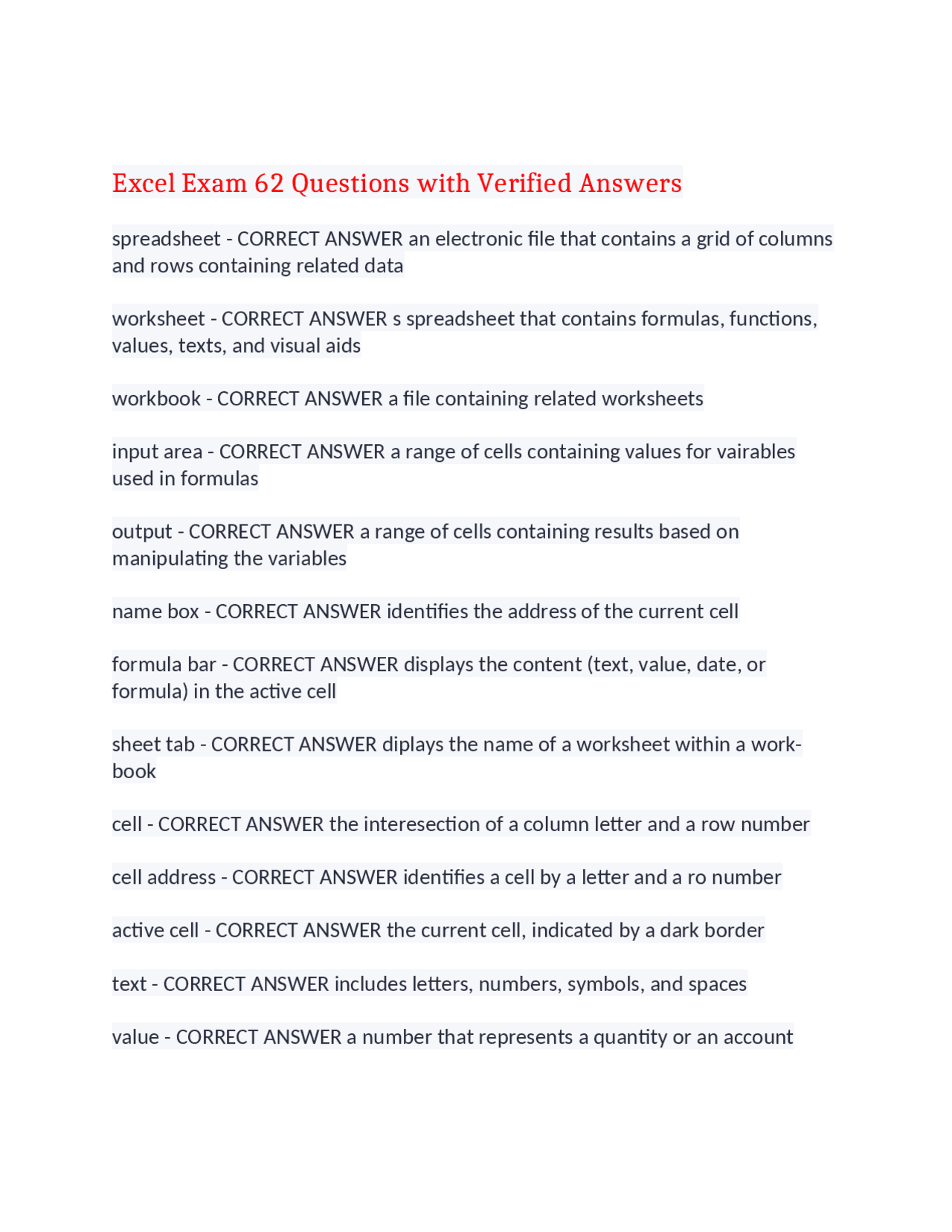 Excel Exam 62 Questions with Verified Answers | Exams MS Microsoft ...