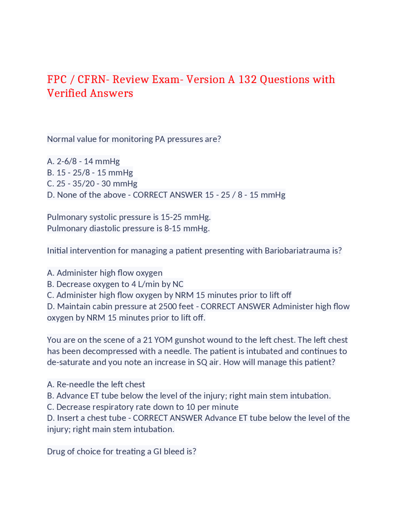 Fpc Question FPC / CFRN- Review Exam- Version A 132 Questions with Verified Answers ...
