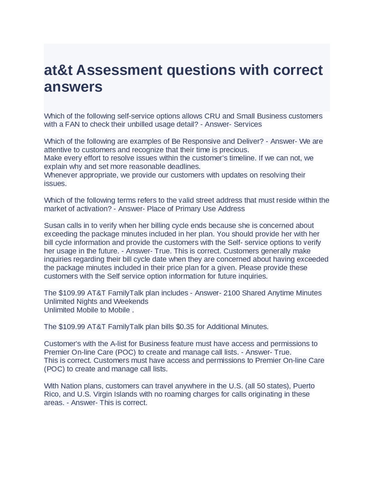 at&t Assessment questions with correct answers | Exams Advanced ...