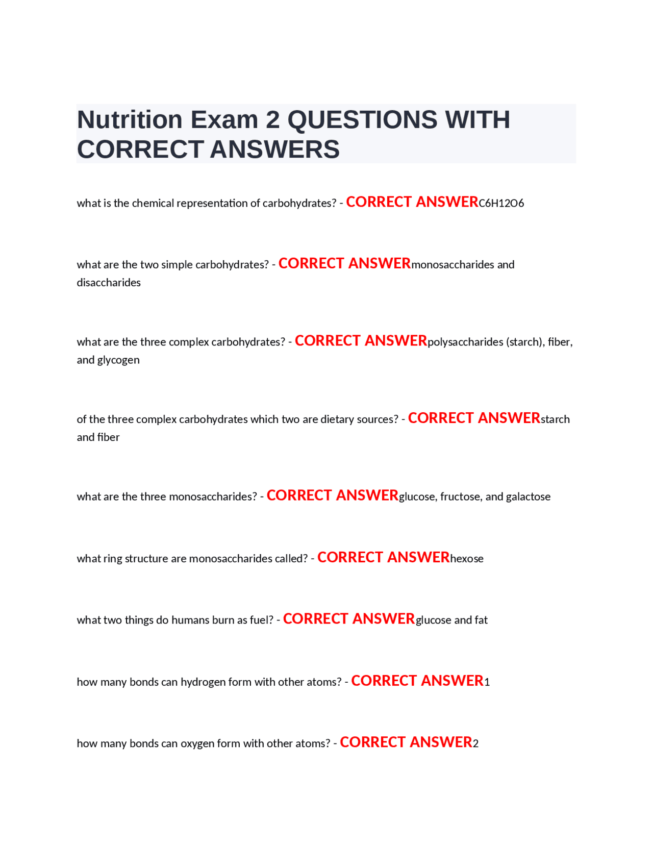 Nutrition Exam 2 QUESTIONS WITH CORRECT ANSWERS | Exams Nursing | Docsity