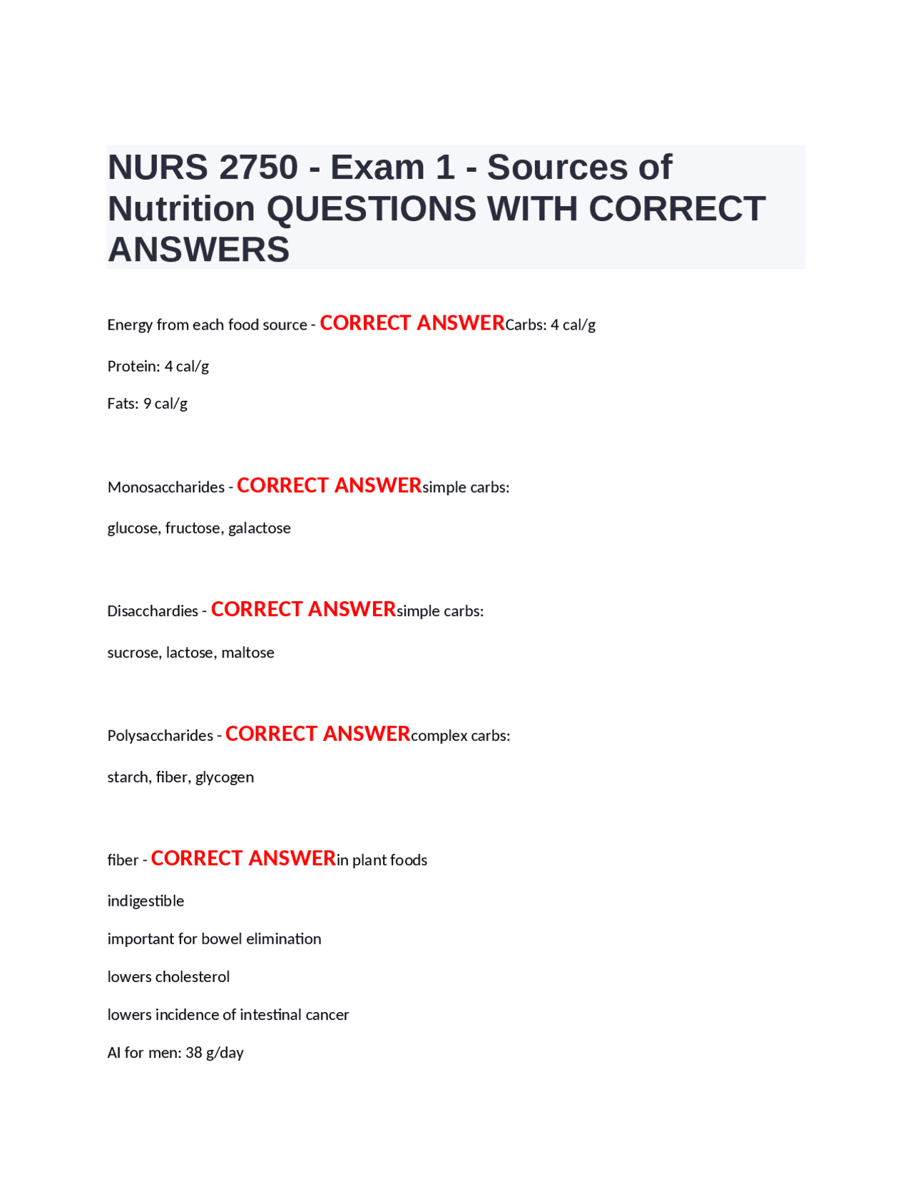 Nutrition Exam Questions and Answers | Exams Nursing | Docsity