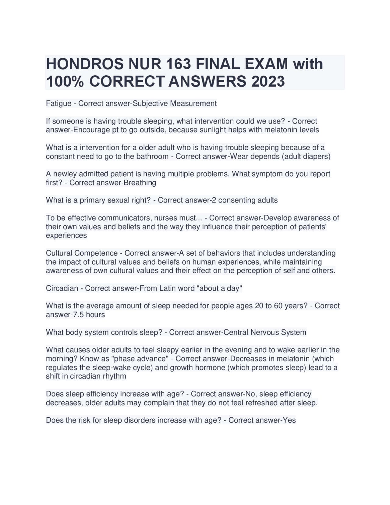 HONDROS NUR 163 FINAL EXAM with 100% CORRECT ANSWERS 2023 | Exams ...