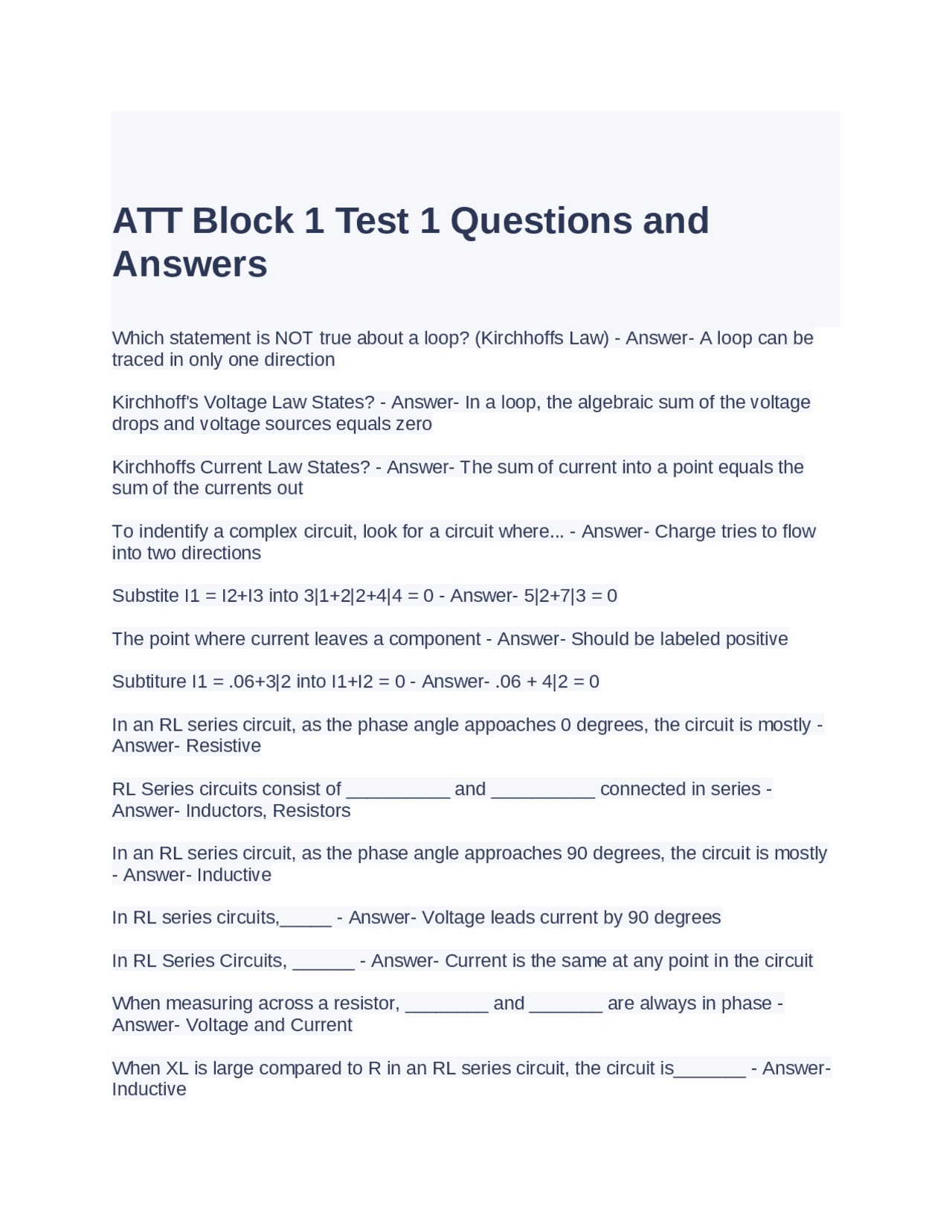 ATT Block 1 Test 1 Questions and Answers | Exams Advanced Education ...