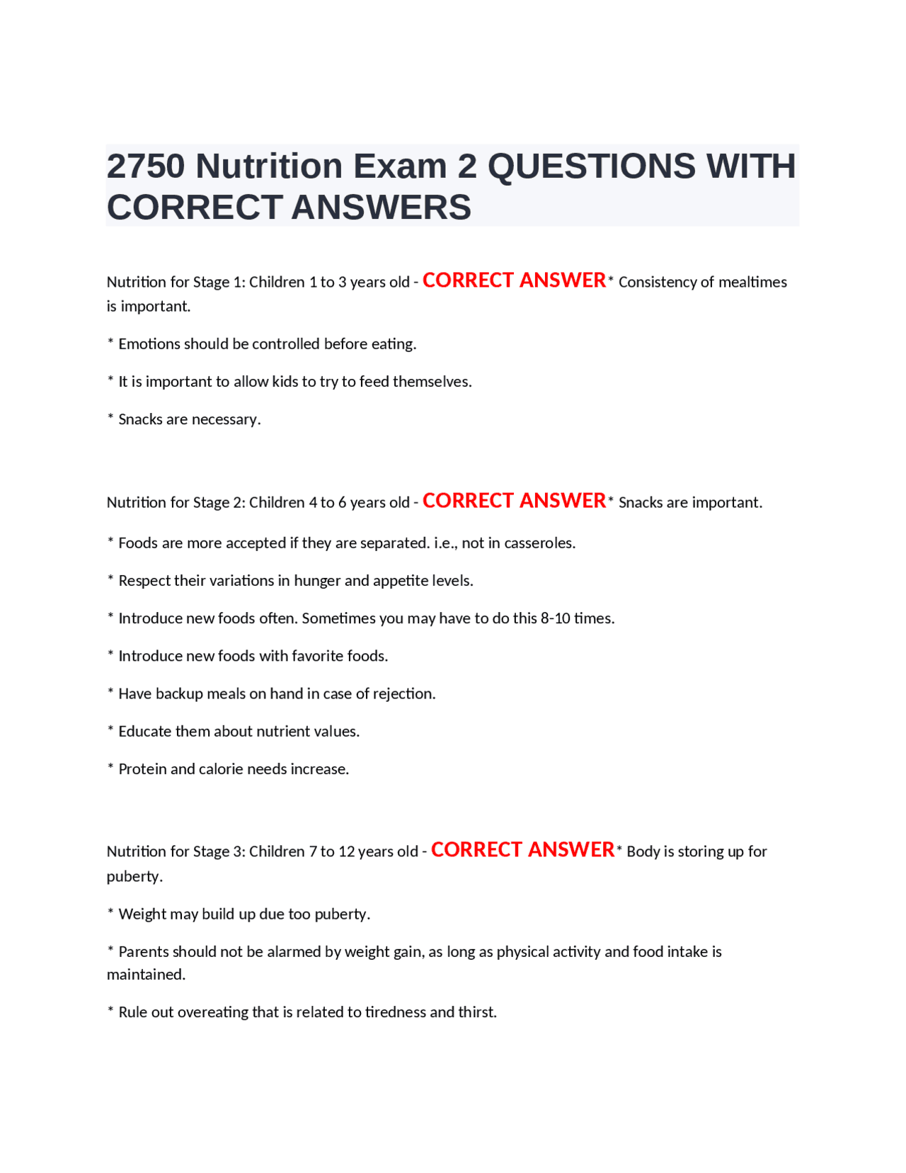 Nutrition Exam 2 Questions with Correct Answers | Exams Nursing | Docsity