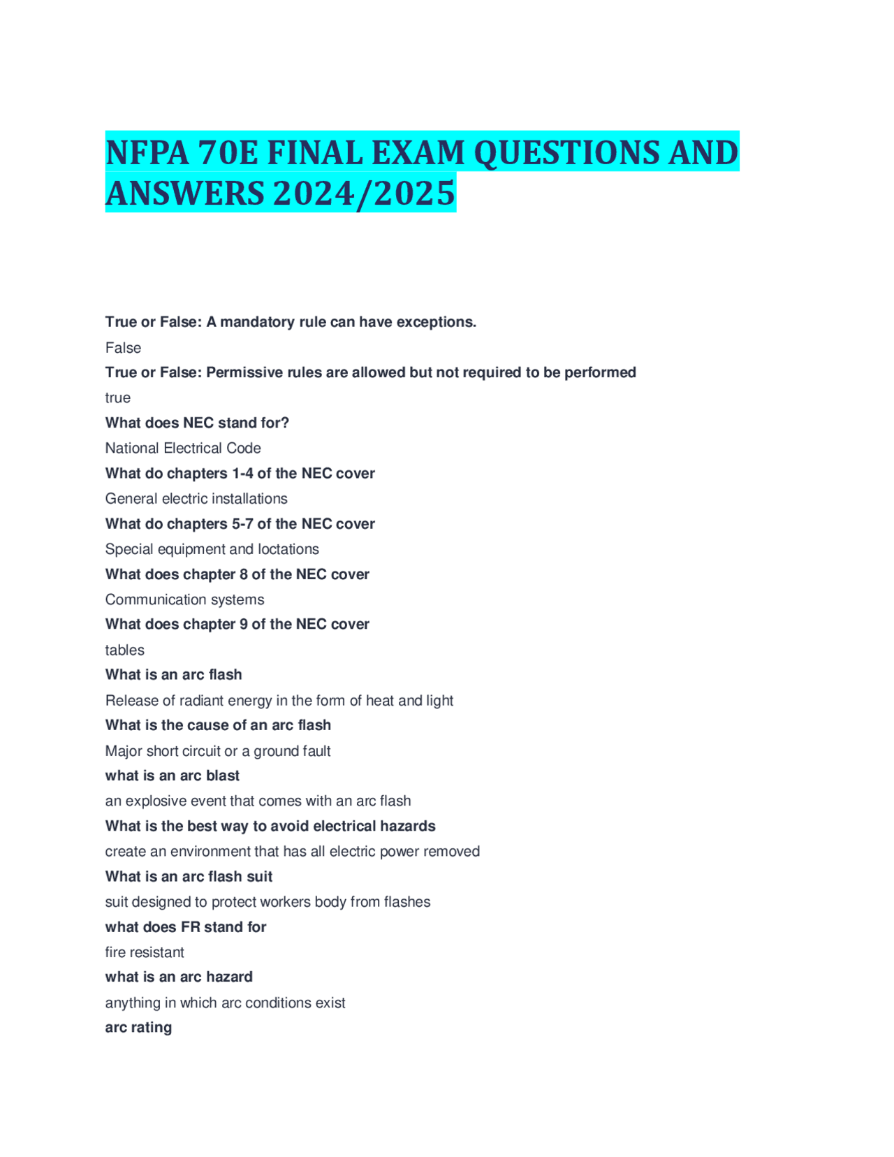 NFPA 70E Final Exam Questions and Answers 2024/2025 Exams Physical