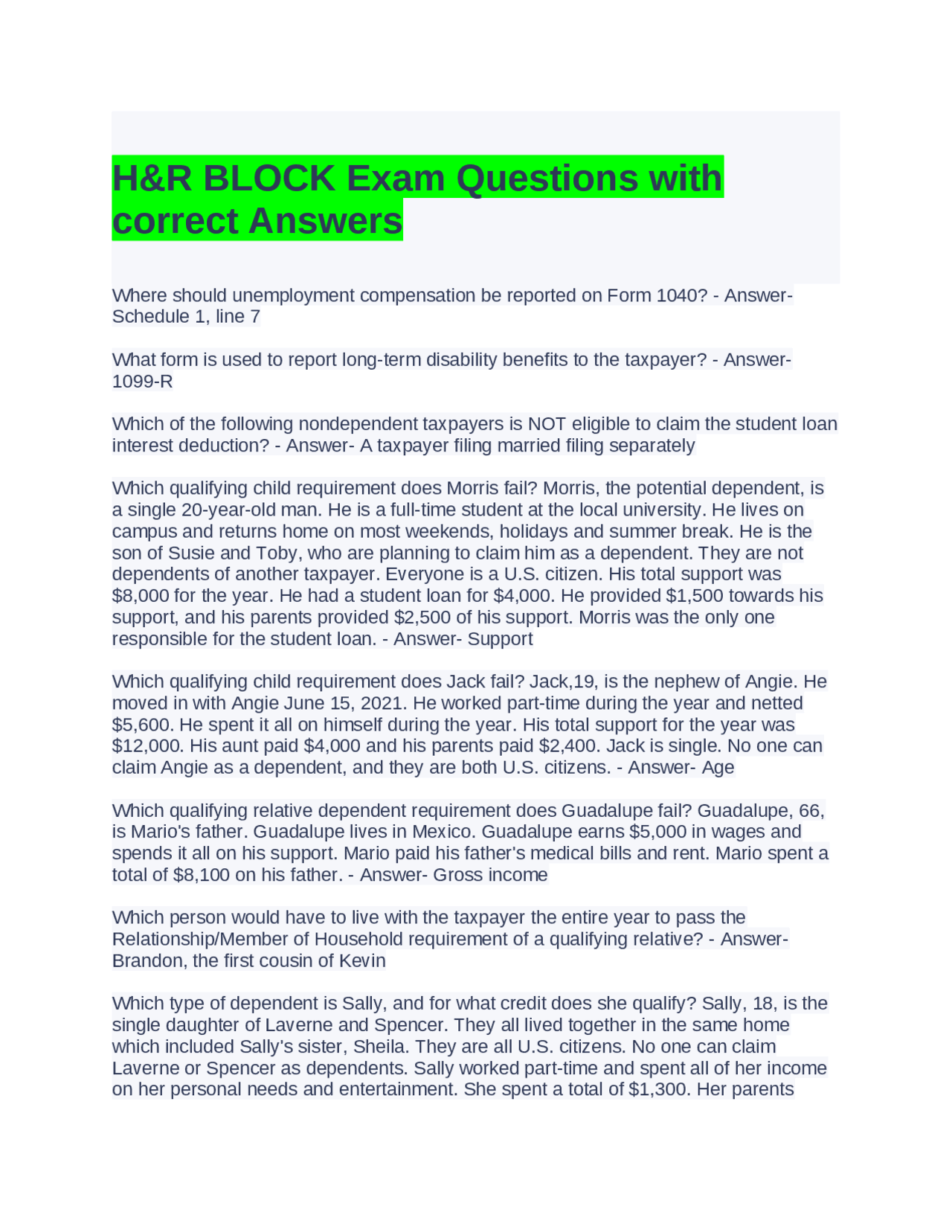 H&R BLOCK Exam Questions with Correct Answers | Exams Advanced ...