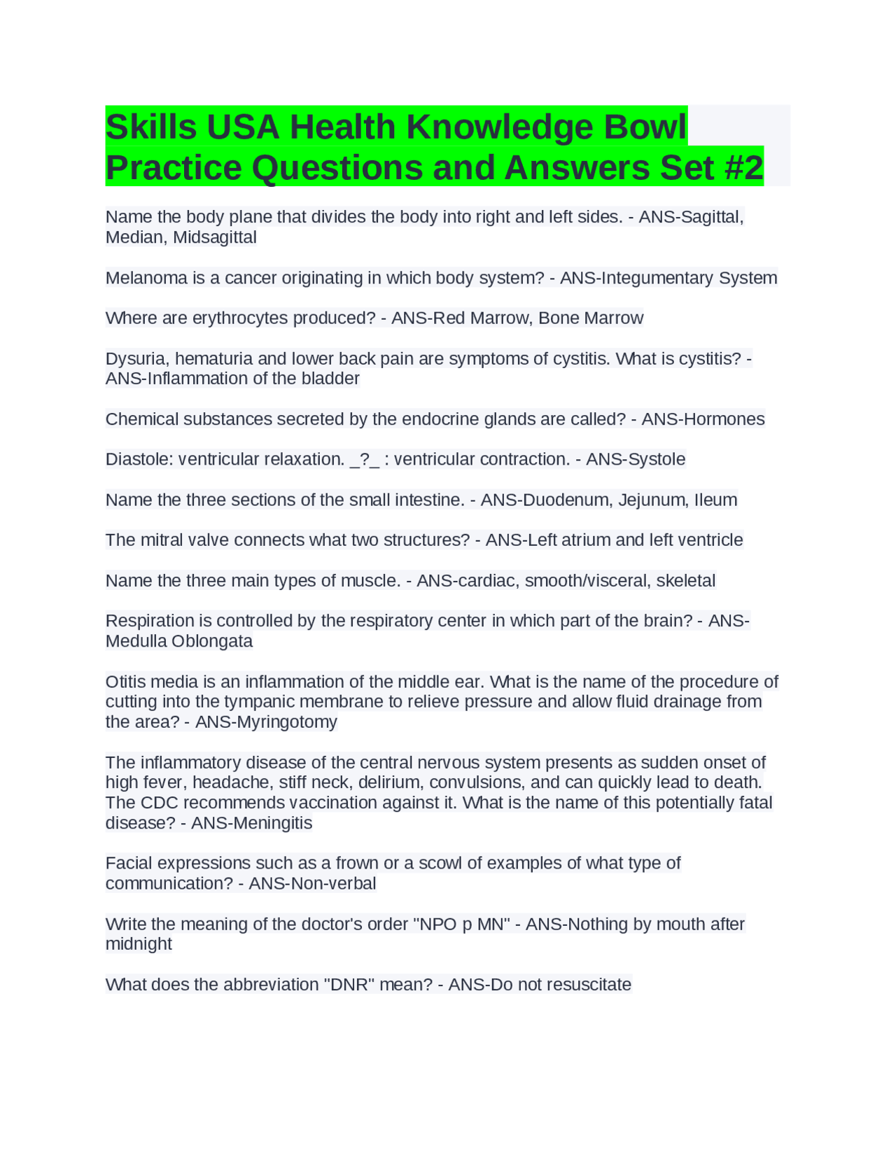 SkillsUSA Health Knowledge Bowl Practice Questions and Answers | Exams ...