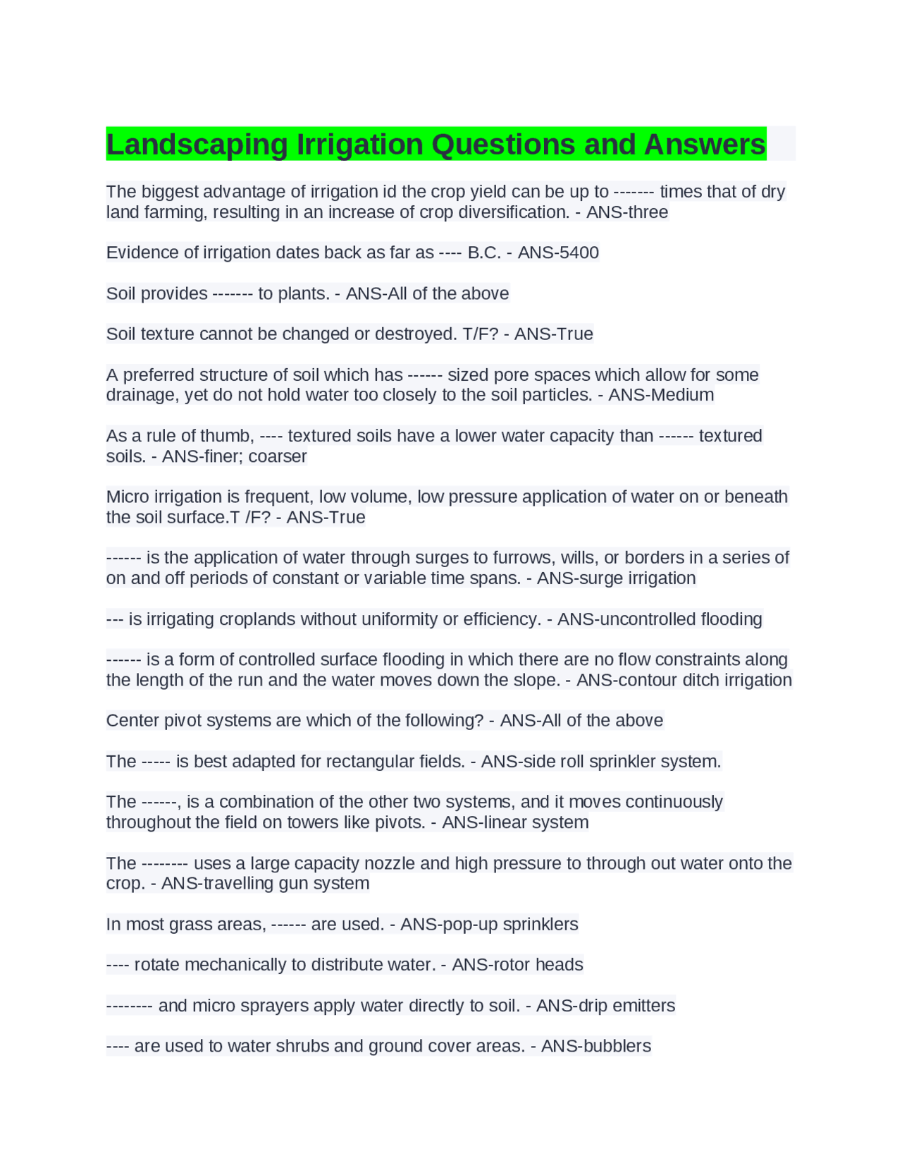 Landscaping Irrigation Questions and Answers | Exams Architecture | Docsity