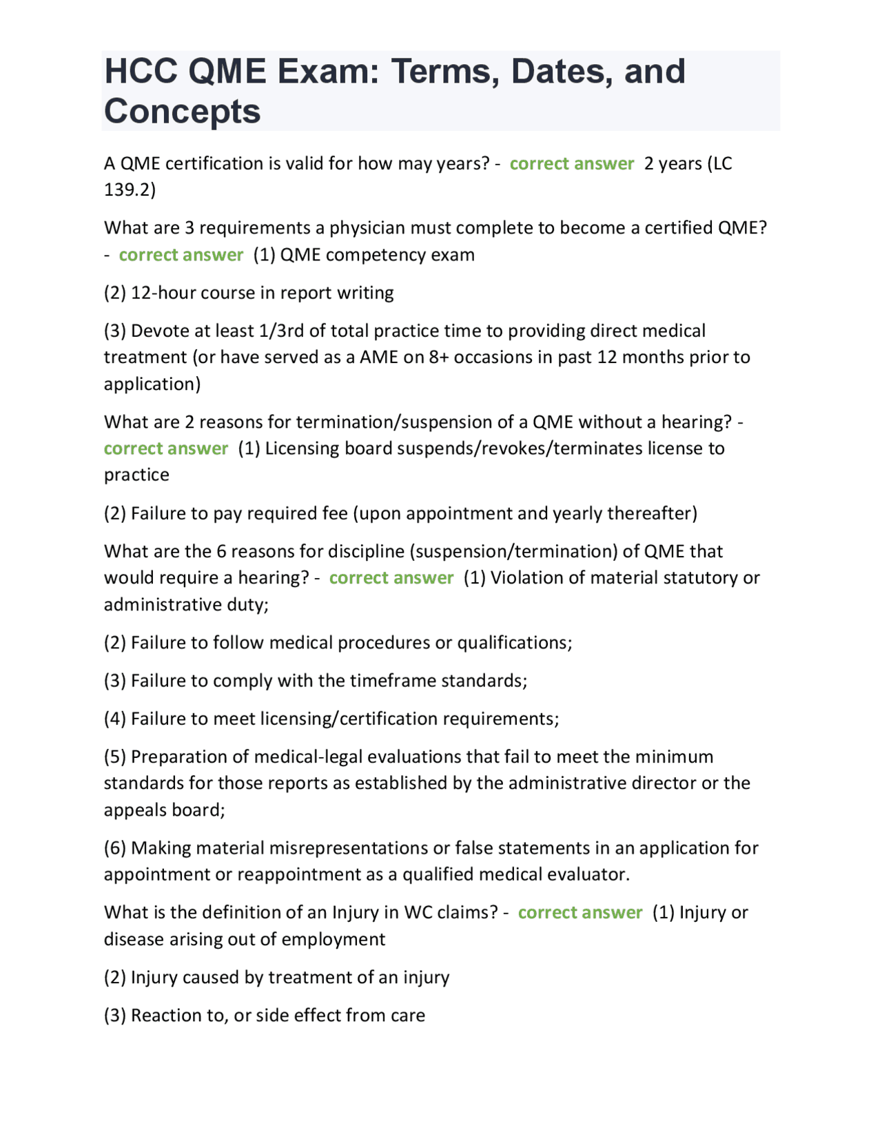 HCC QME Exam Terms, Dates, and Concepts Exams Nursing Docsity
