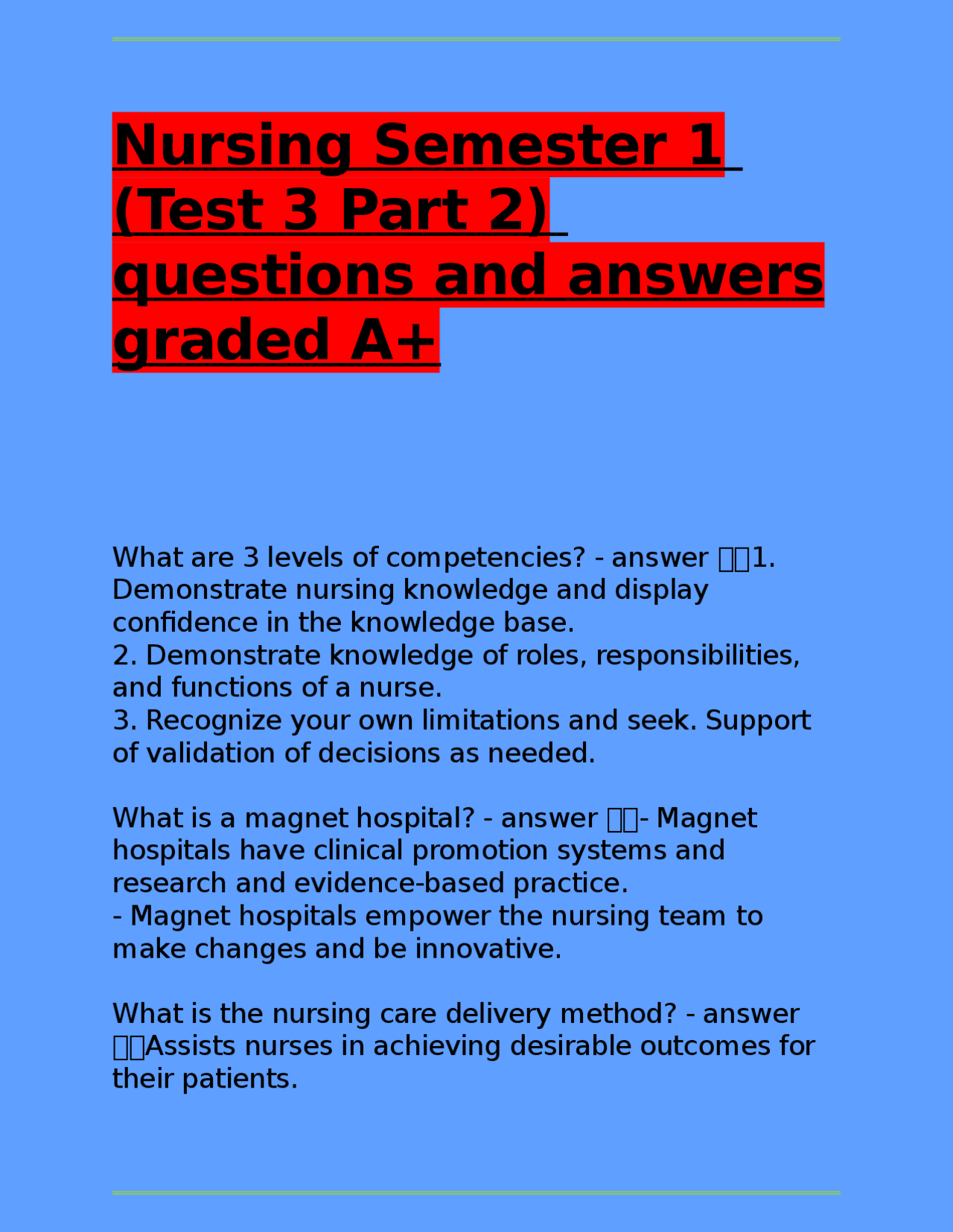Nursing Semester 1 (Test 3 Part 2) questions and answers graded A+ ...