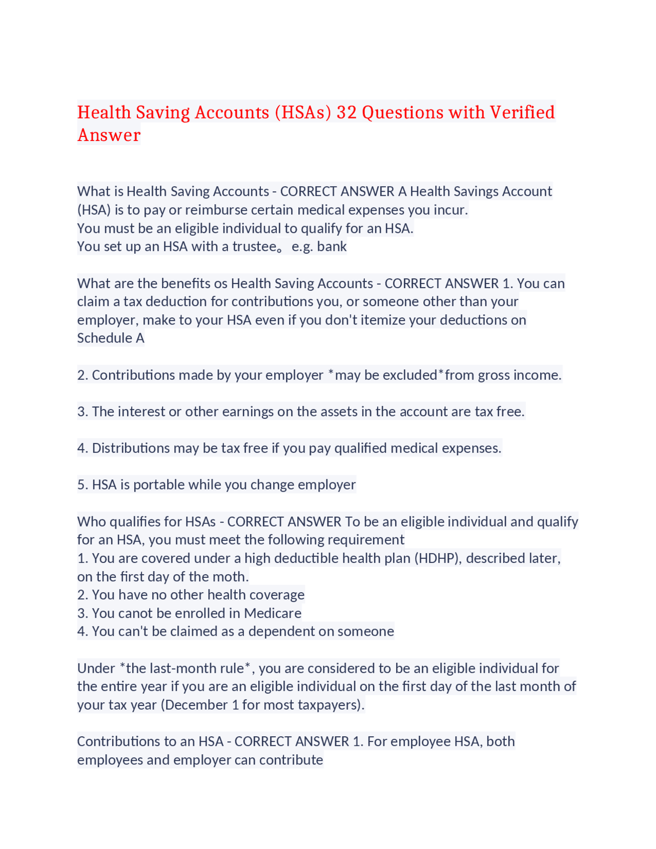 Hsa Questions Health Saving Accounts (HSAs) - 32 Questions with Verified Answers ...