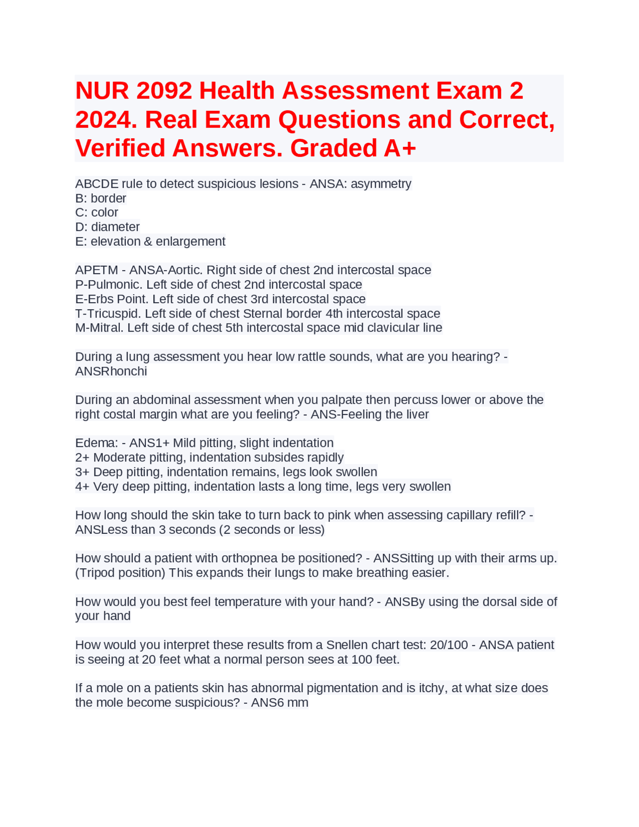 NUR 2092 Health Assessment Exam 2 2024. Real Exam Questions and Correct ...