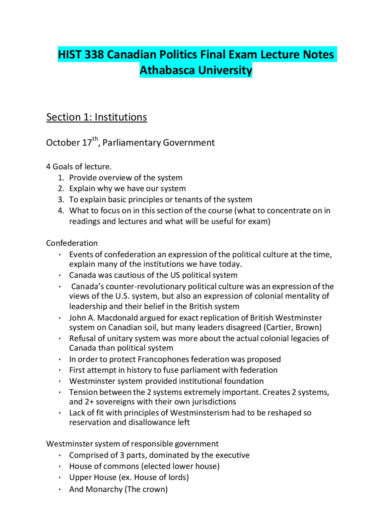 HIST 338 Canadian Politics Final Exam Lecture Notes Athabasca ...