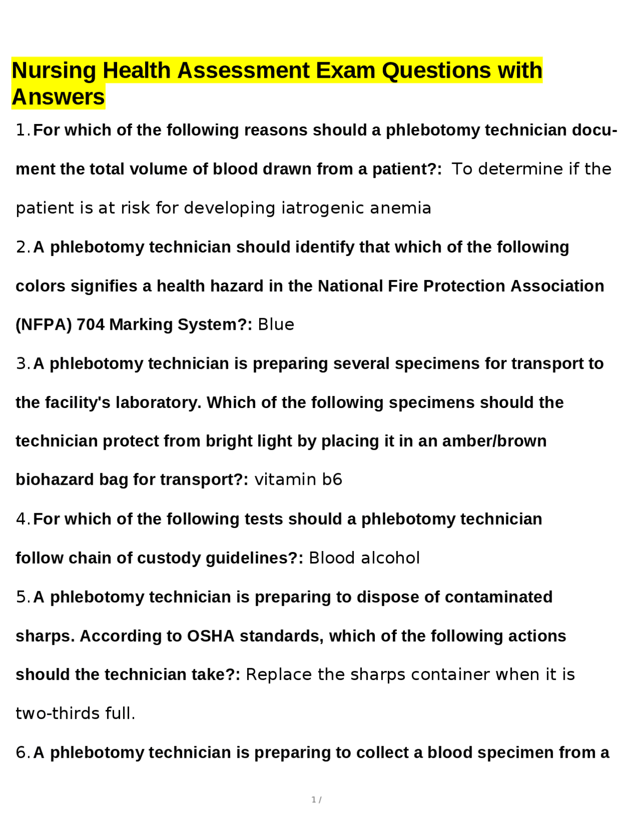 Nursing Health Assessment Exam Questions with Answers | Exams Nursing ...