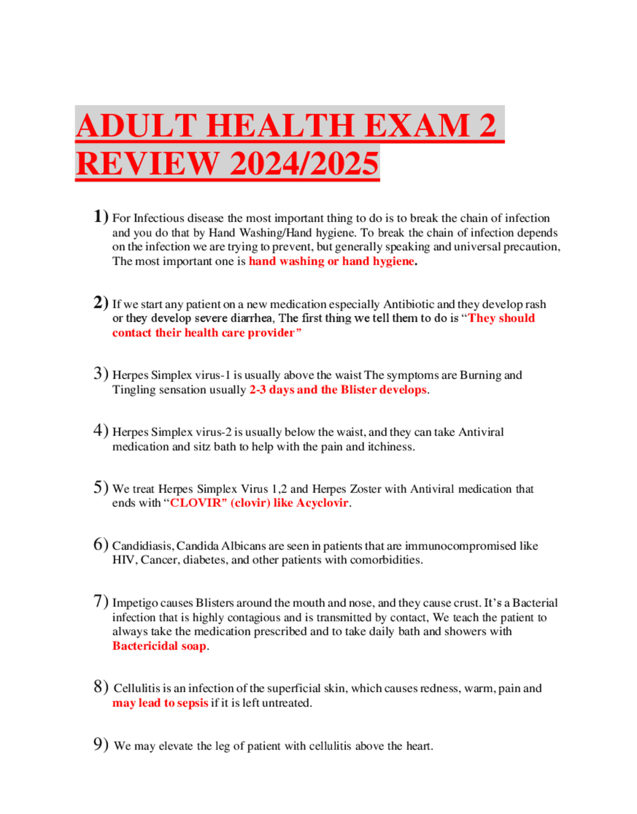 ADULT HEALTH EXAM 2 REVIEW 2024/2025 | Exams Nursing | Docsity