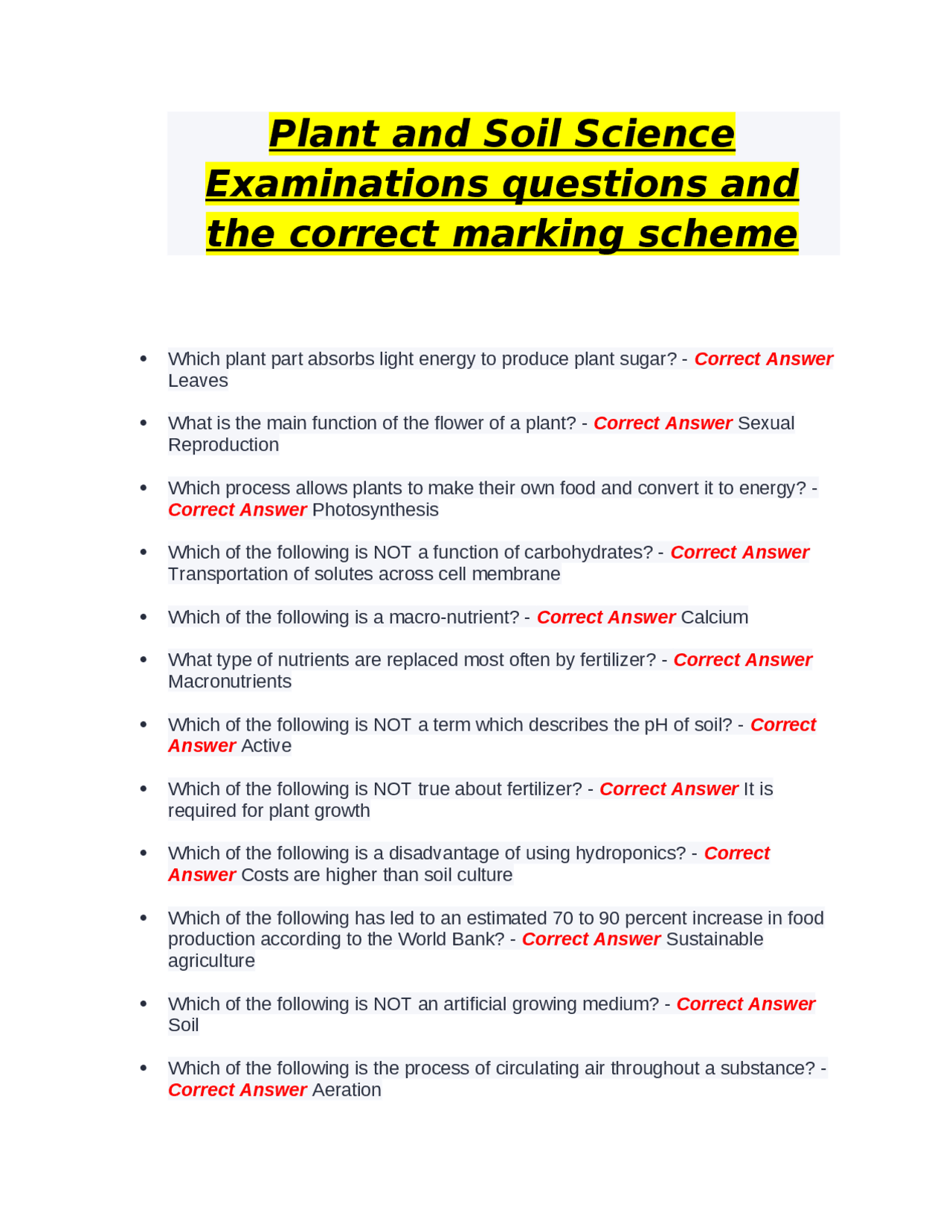 Plant and Soil Science Examinations questions and the correct marking ...