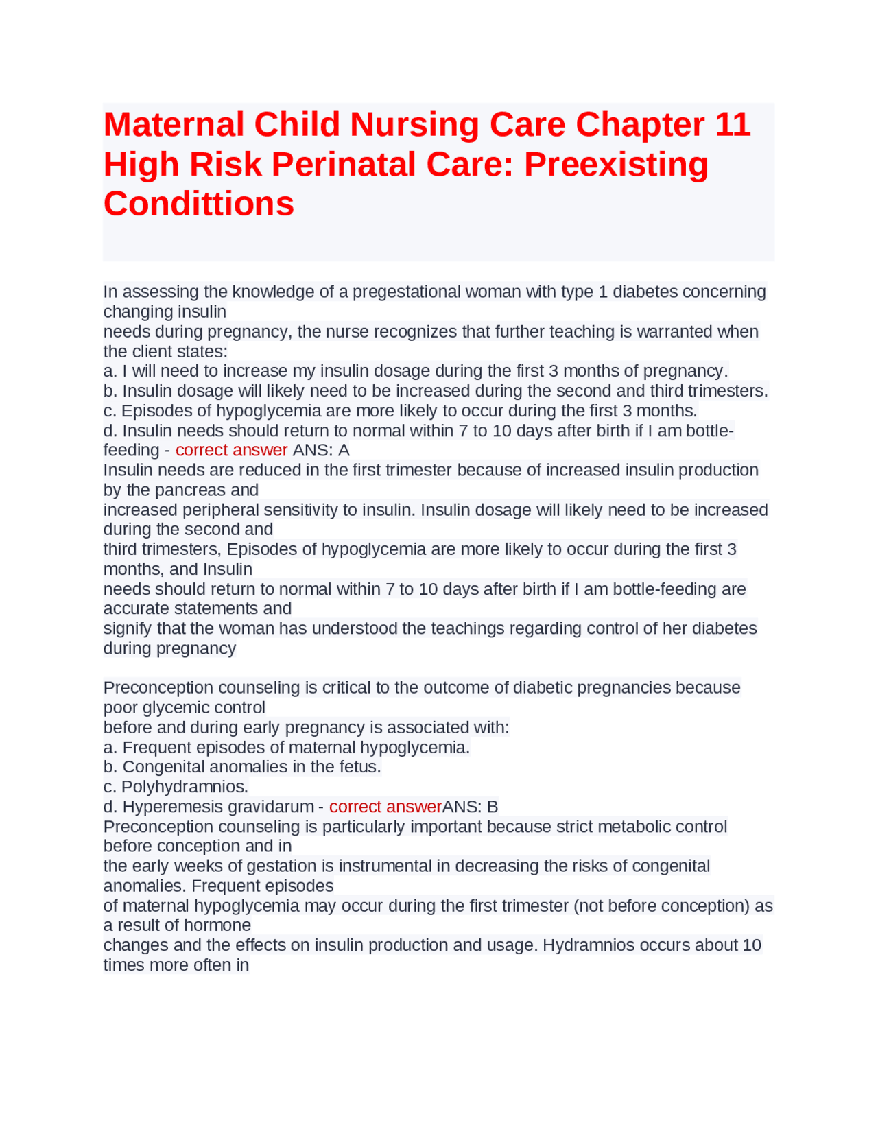 Maternal Child Nursing Care Chapter 11 High Risk Perinatal Care ...