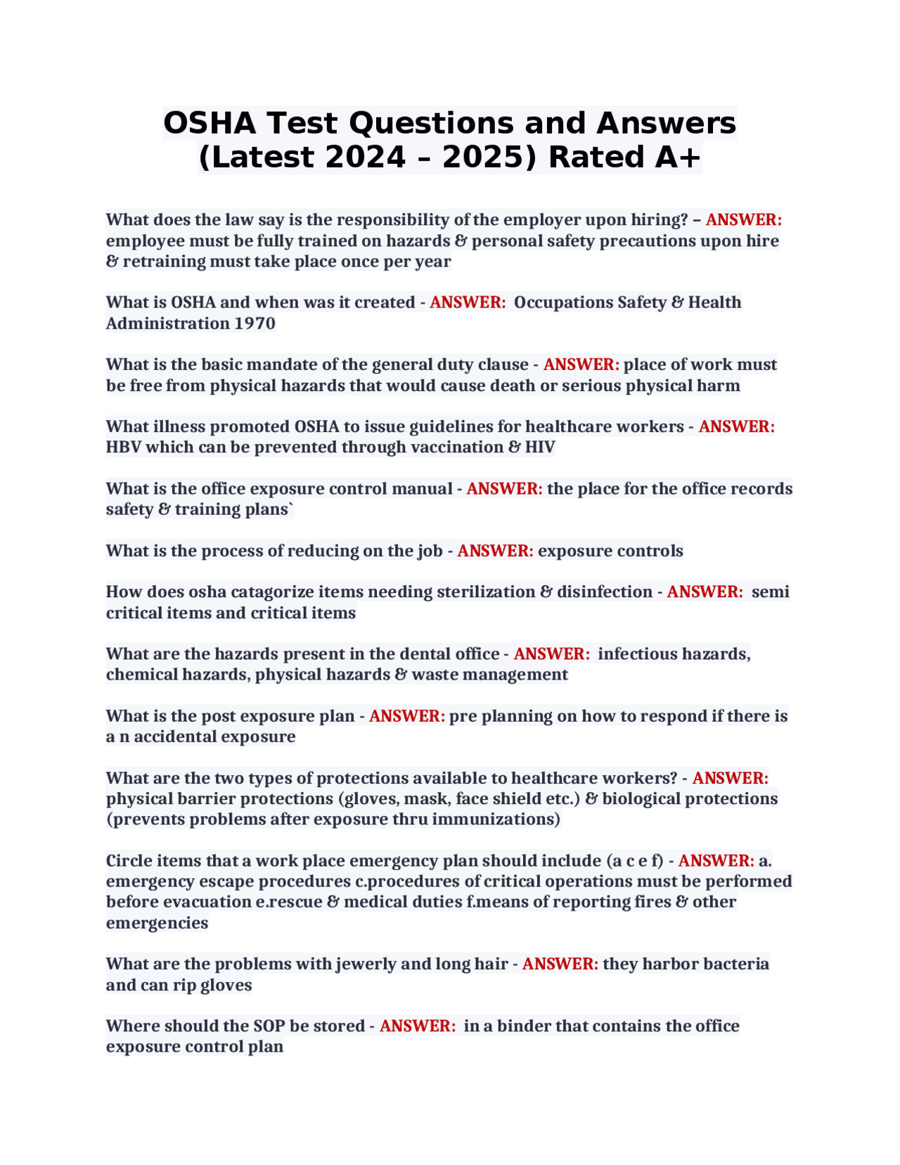 Osha Testing OSHA Test Questions and Answers (Latest 2024 – 2025) Rated A+ | Exams ...
