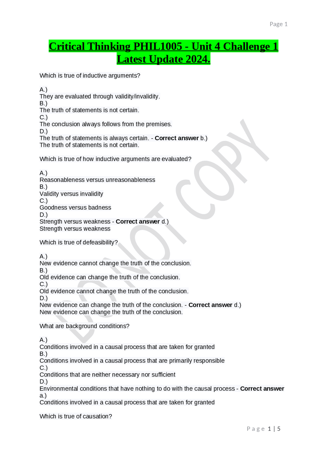 Critical Thinking PHIL1005 - Unit 4 Challenge 1 Latest Update 2024 ...