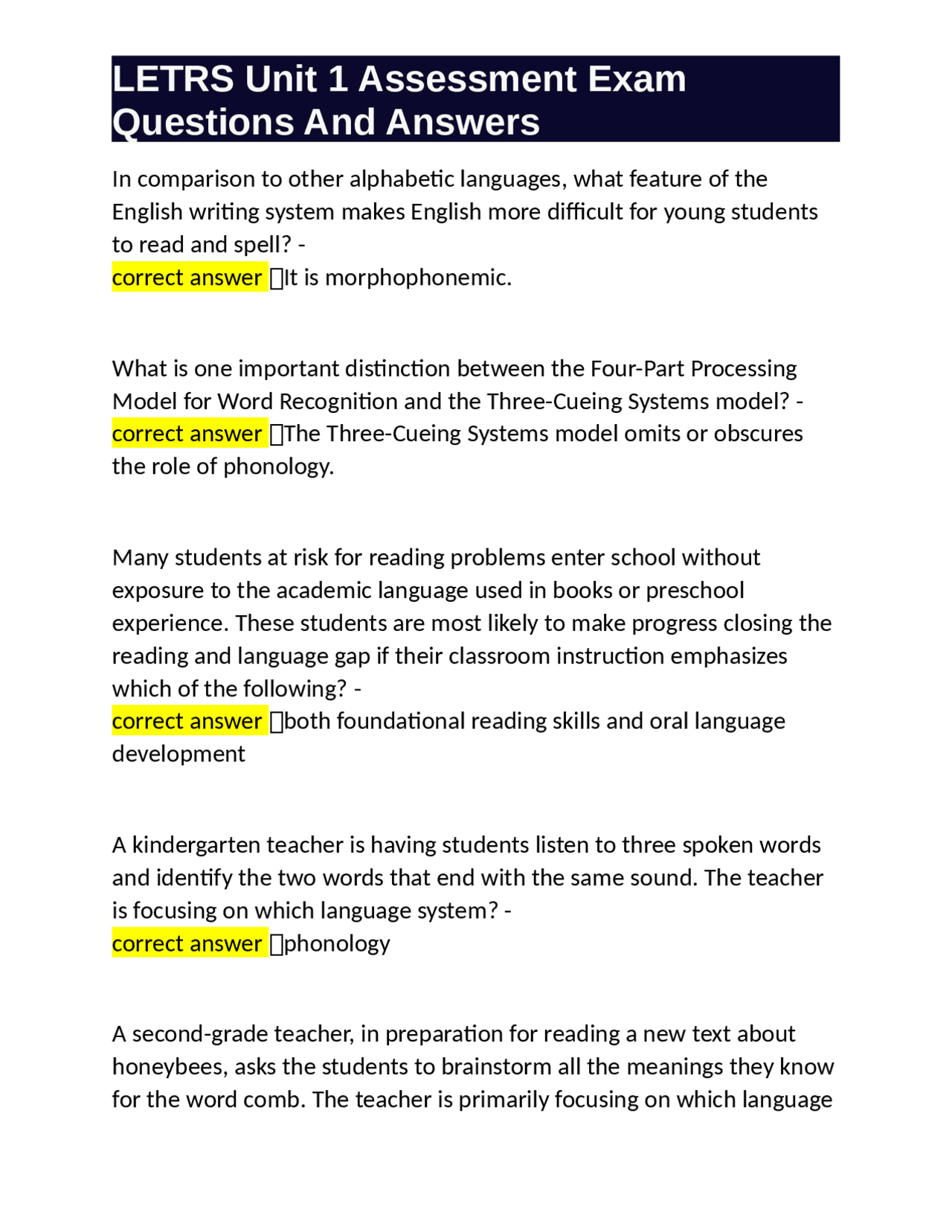 LETRS Unit 1 Assessment Exam: Evaluating Reading Comprehension and ...