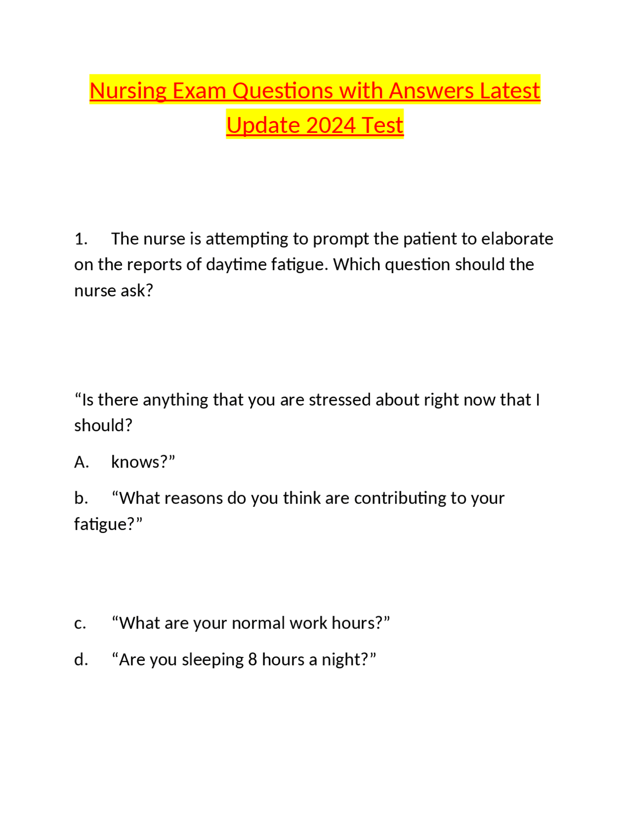 Nursing Exam Questions with Answers Latest Update 2024 Test | Exams ...