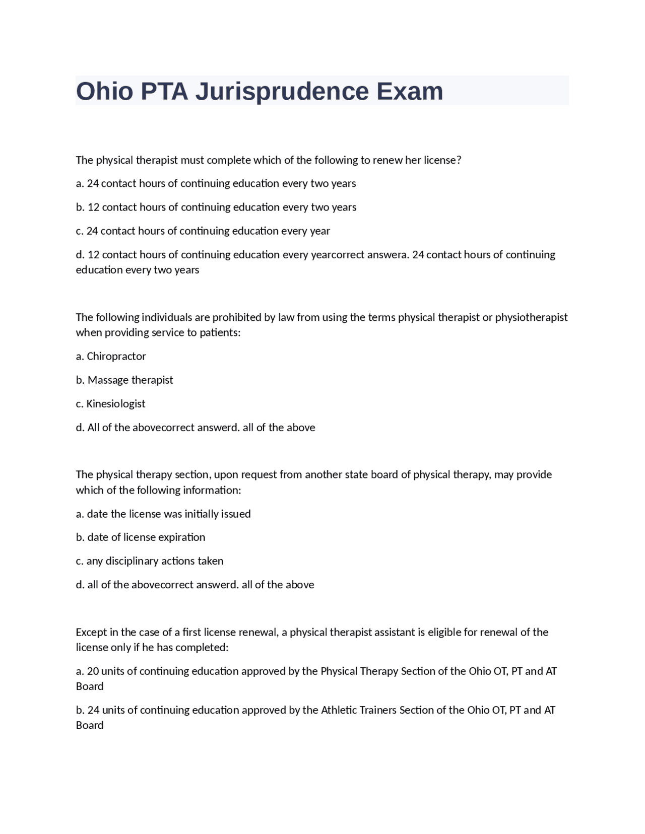 Ohio Physical Therapy Practice Act Exams Nursing Docsity