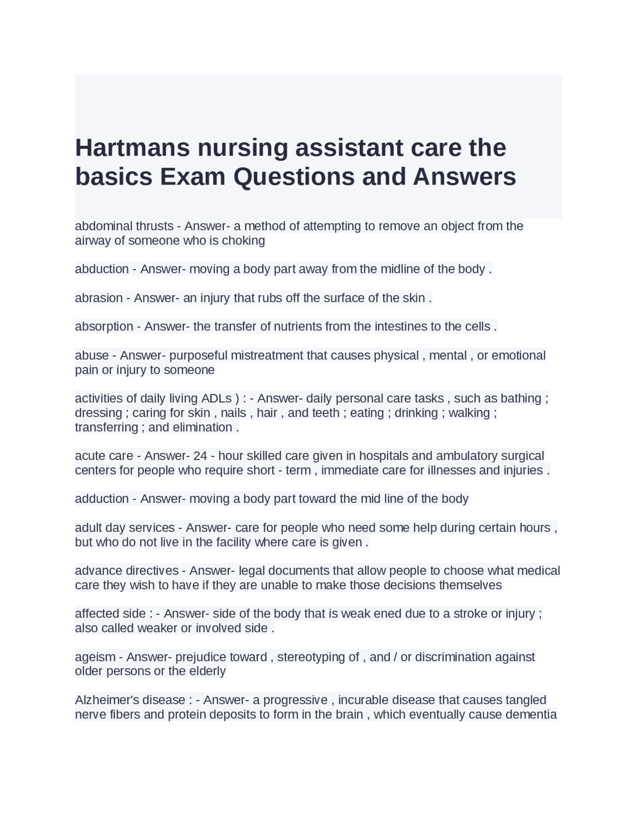 Hartmans nursing assistant care the basics Exam Questions and Answers