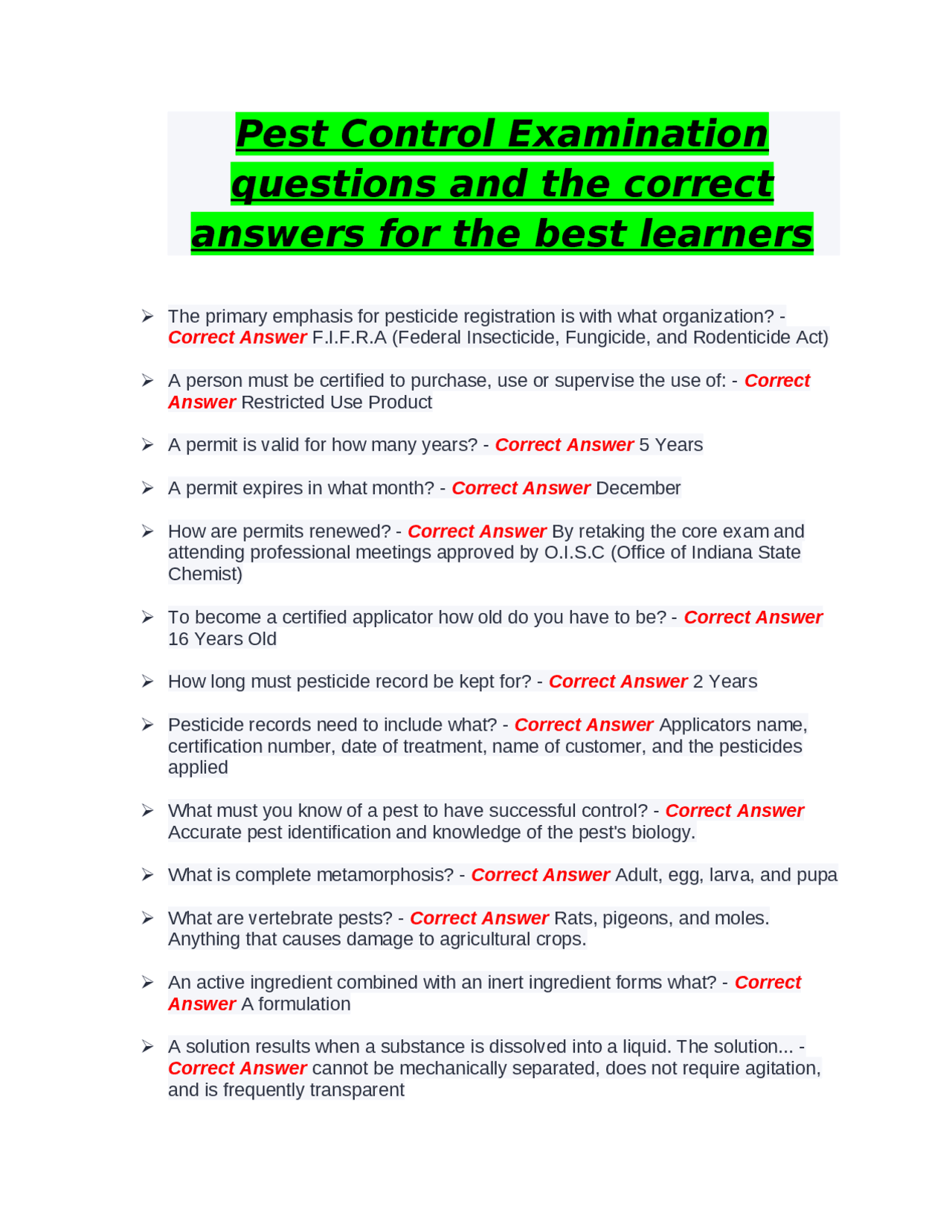 Pest Control Examination questions and the correct answers for the best ...