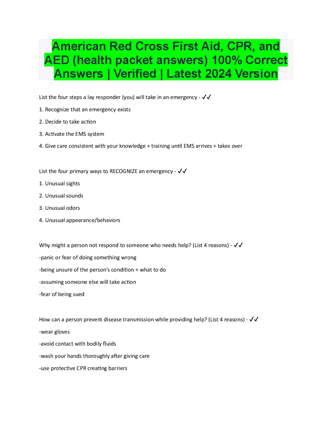 American Red Cross First Aid, CPR, and AED (health packet answers) 100% ...