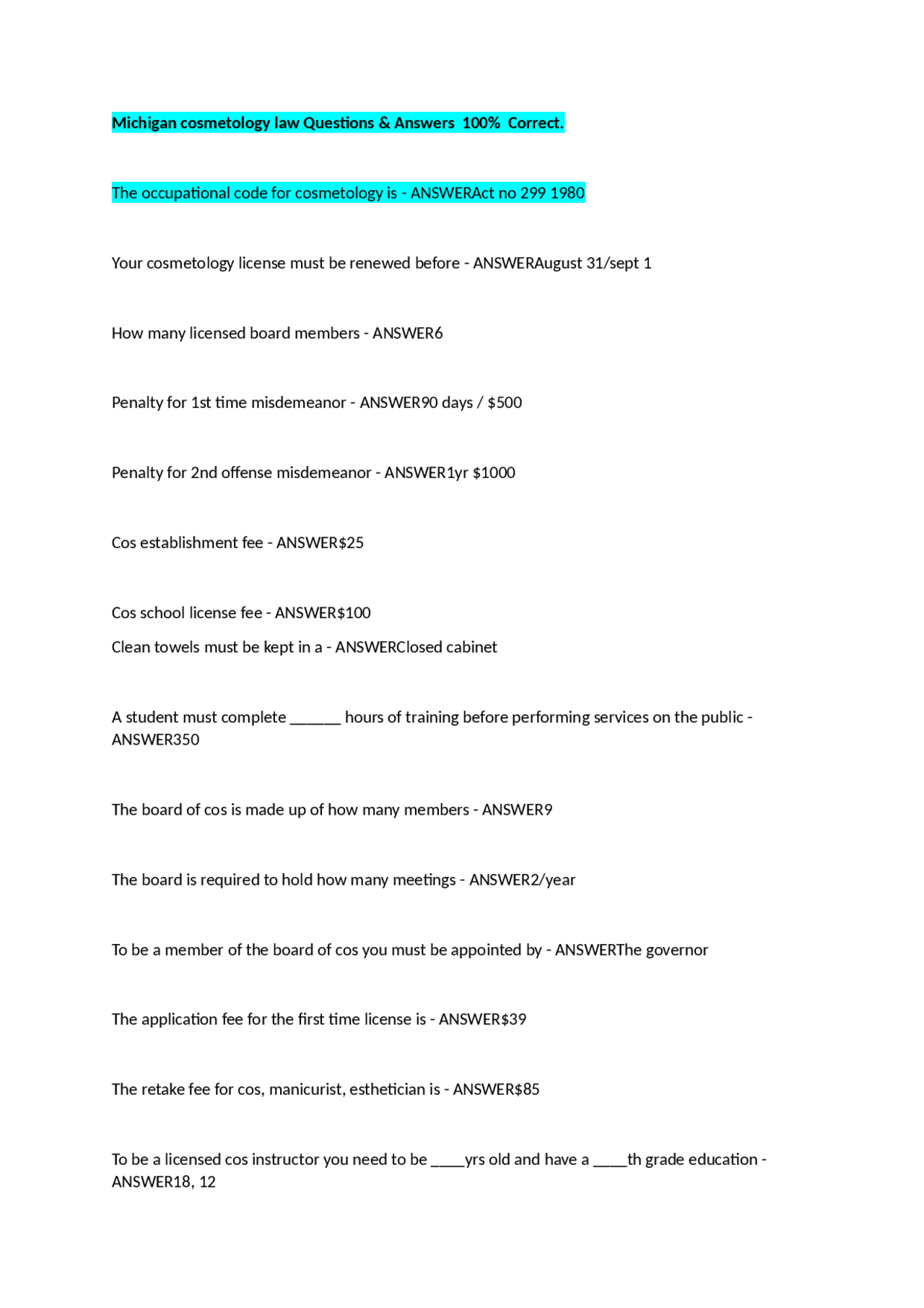 Michigan Cosmetology Law Questions and Answers Exams Cosmetology Docsity
