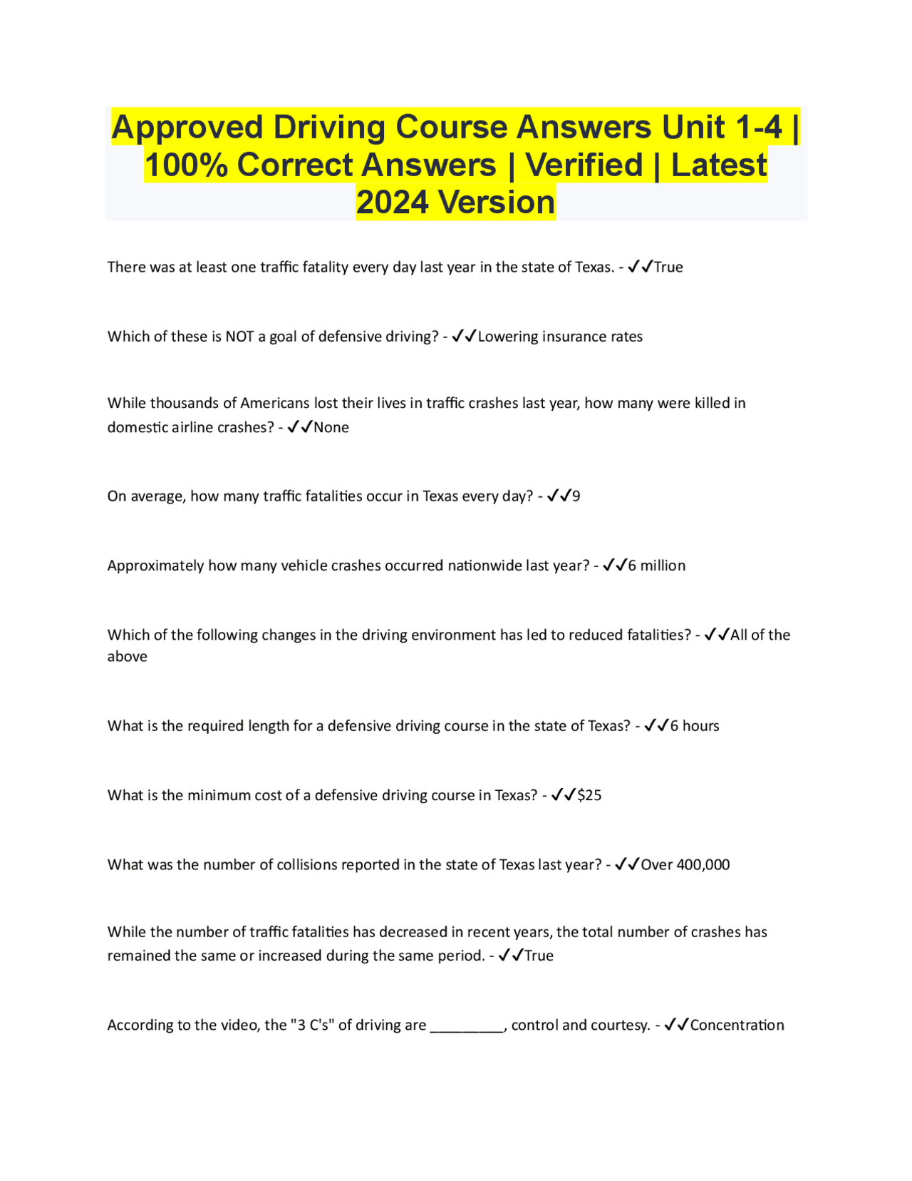 Defensive Driving Course Answers Exams Transport economics Docsity