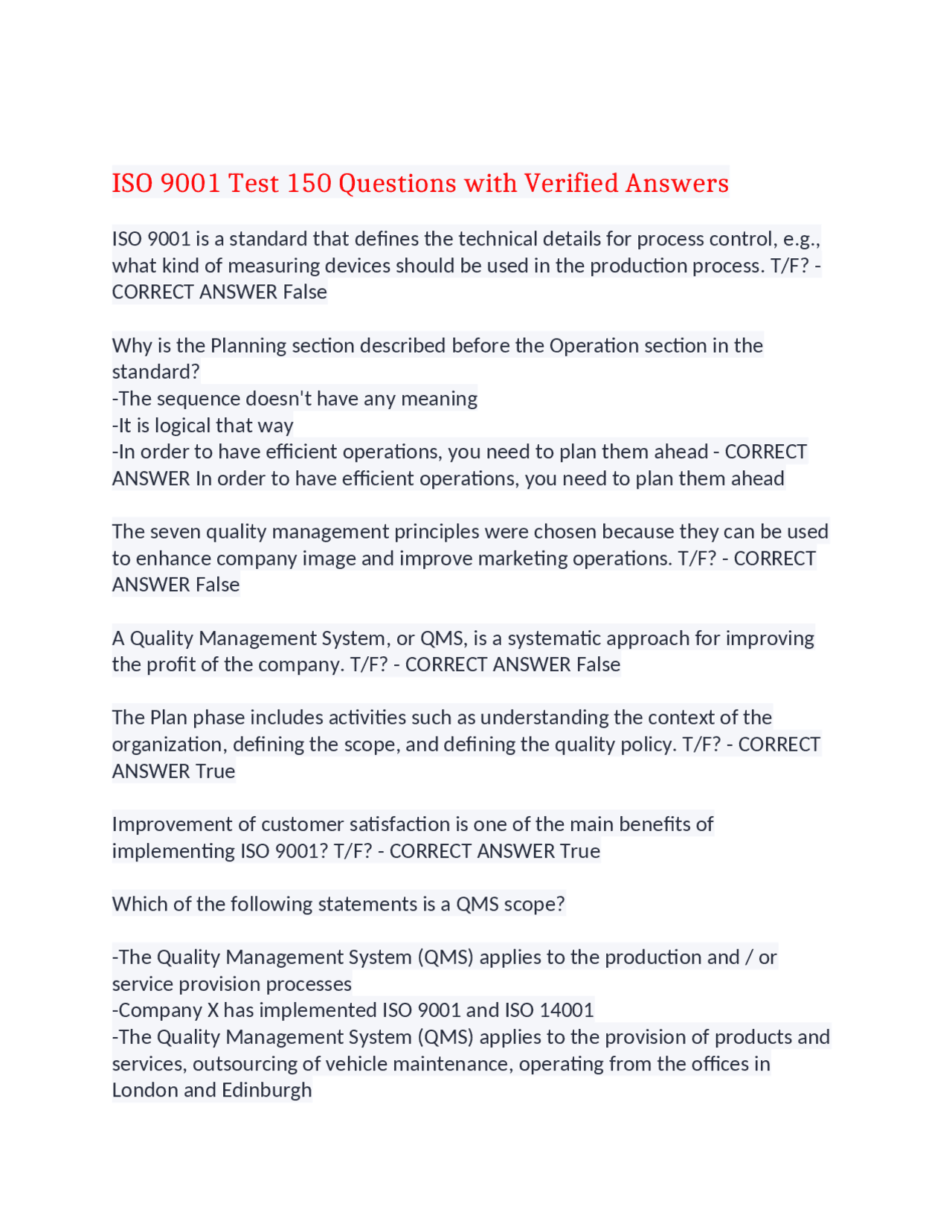 ISO 9001 Test 150 Questions with Verified Answers,100% CORRECT | Exams ...
