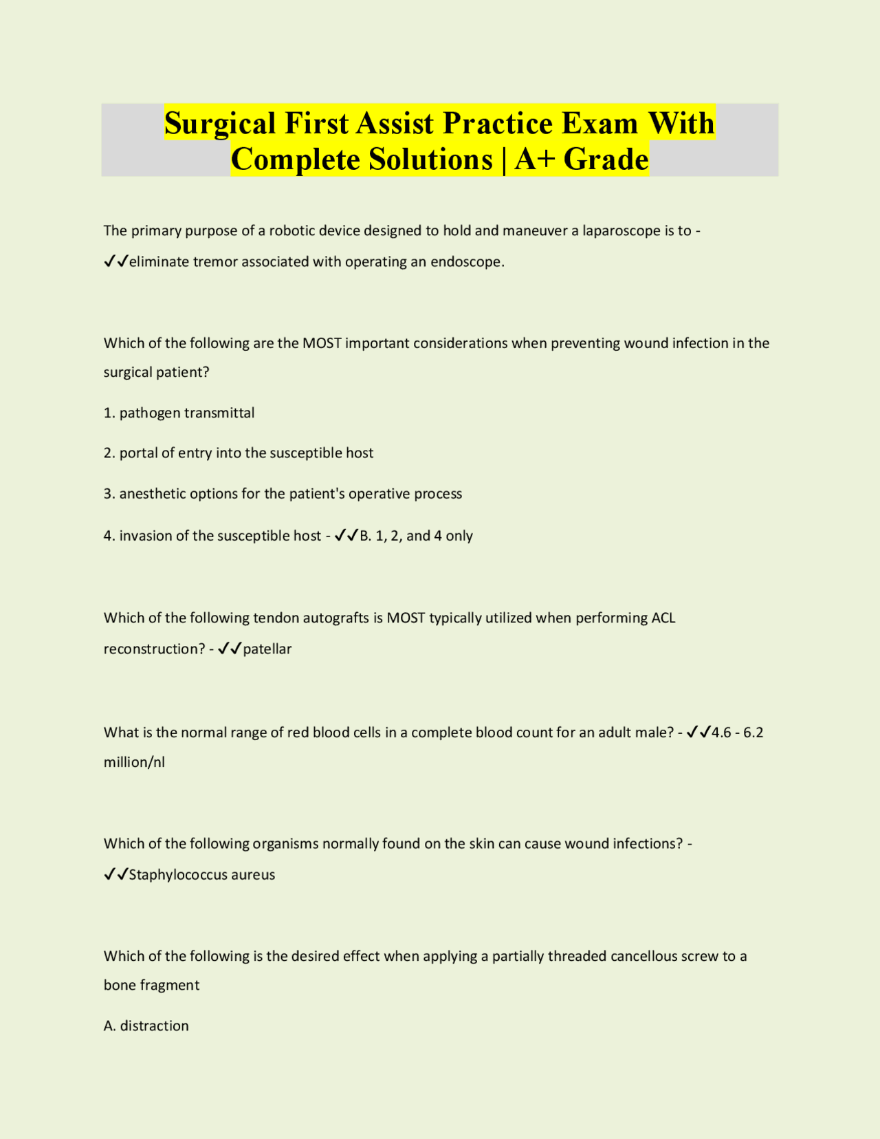 Surgical First Assist Practice Exam With Complete Solutions | A+ Grade ...