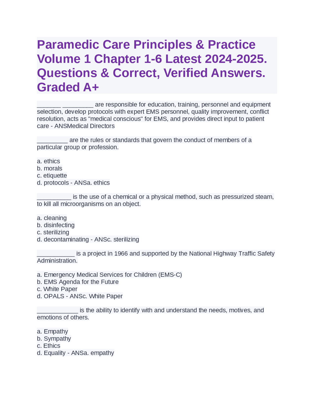 Paramedic Care Principles & Practice Volume 1 Chapter 1-6 2024-2025 ...