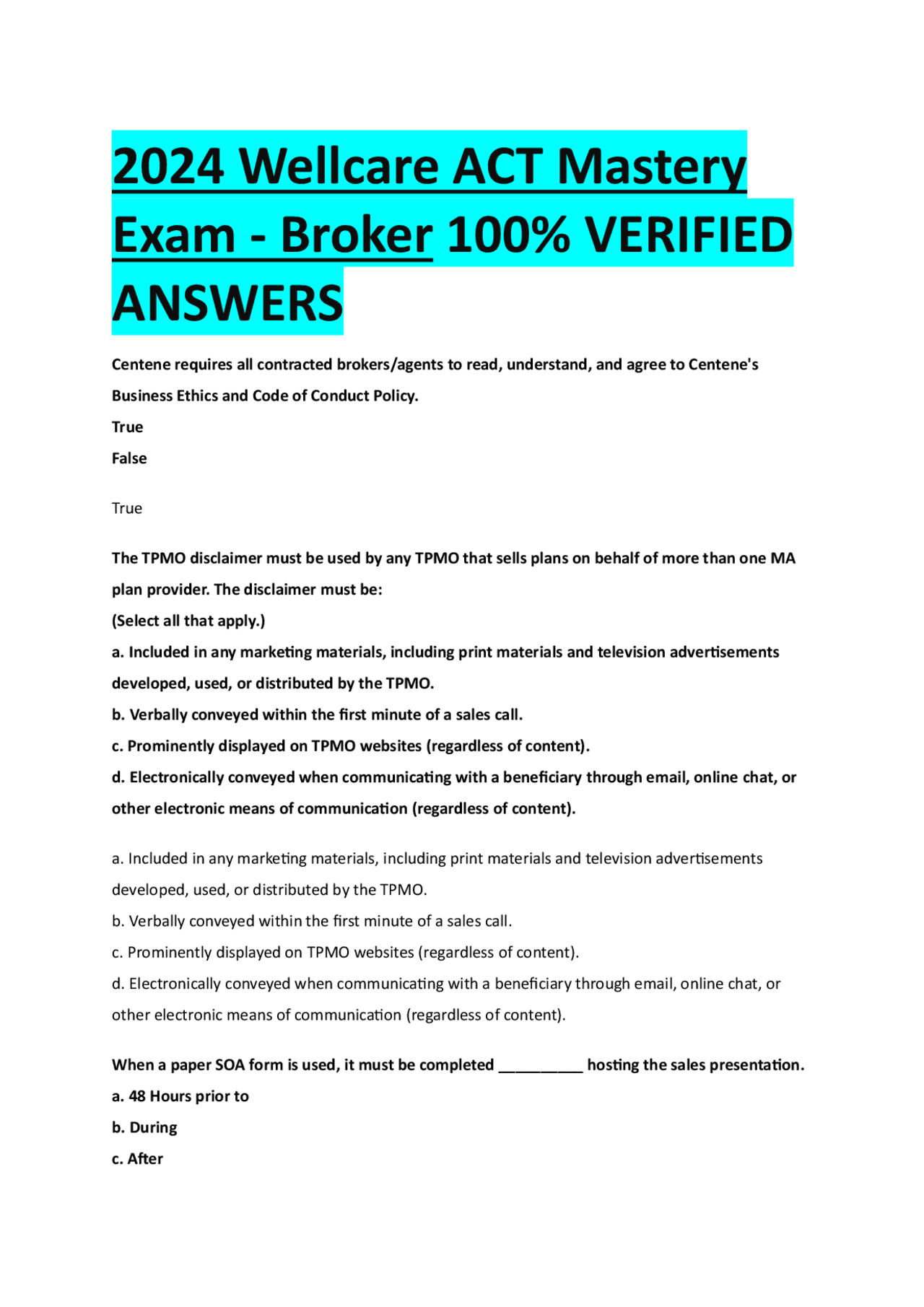 2024 Wellcare ACT Mastery Exam - Broker 100% VERIFIED ANSWERS | Exams
