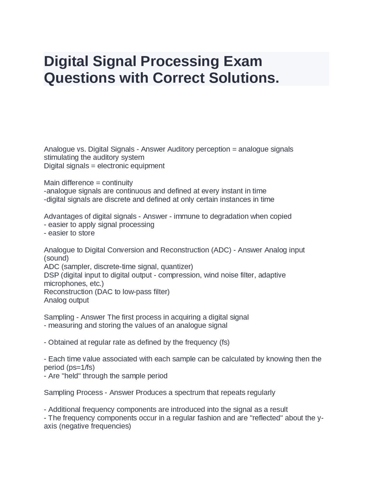 Digital Signal Processing Exam Questions with Correct Solutions | Exams ...